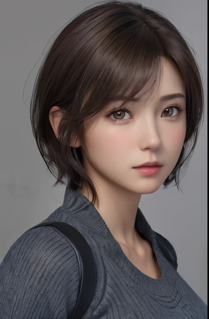 (Representative works:1.3)、(8k、photorealistic、Raw photo、Highest image quality:1.4)、(30 years old mature woman)、small face、beautiful face、(realistic face)、no makeup、natural makeup、Light makeup、 (Dark brown、short hair:1.3)、beautiful hairstyle、realistic eyes、beautiful detailed eyes、 (photorealisticな肌)、beautiful skin、 (sweater),,Bust B cup、 Disorganized、 charm, 超High definition, Super realistic, High definition, Golden Ratio FF Tifa、Gray background、
