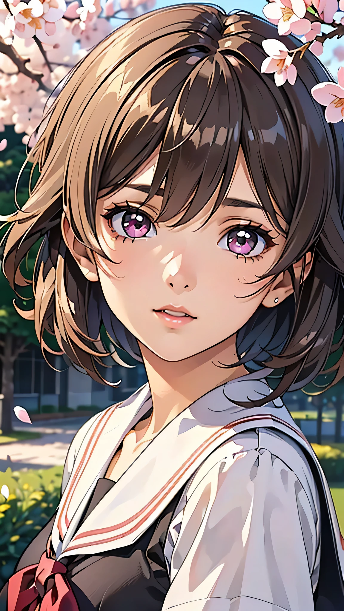 (1young girl), Amazing face and eyes, Pink eyes, (amazingly beautiful girl), (Best Quality:1.4), (Ultra-detailed), (extremely detailed CG unified 8k wallpaper), Highly detailed, High-definition raw color photos, Professional Photography, sailor uniform, school uniform, School, Spring, cherry blossoms,