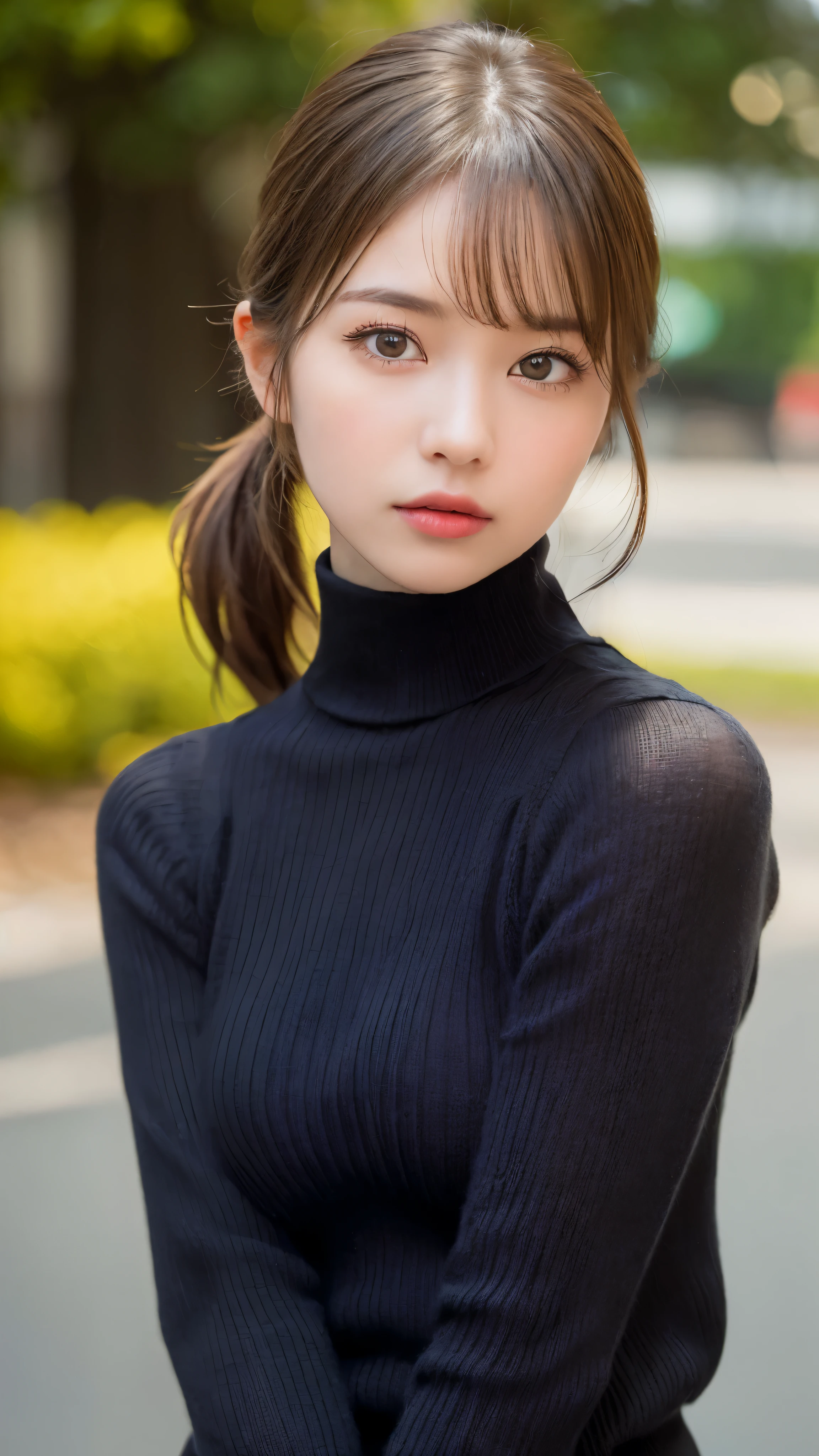 (masterpiece:1.5)、(realistic:1.5)、(highest quality:1.4、8K、RAW photo)、
ultra high resolution、professional lighting、perfect dynamic composition、Shooting outdoors、
film grain、chromatic aberration、(Bokeh:1.1)、blur the background、
Frank、Sophisticated、charm、超realistic、high detail、golden ratio、perfect anatomy、
(1 girl)、slender girl、繊細でcharm女の子、cute woman:1.4、
serious expression、looking at the viewer、Mr..々Pause、
light brown hair、shining hair、(Hair style is ponytail)、
skin that looks real、
close your mouth、fine eyes、double eyelid、thin arms、、
(wearing a black knit turtleneck sweater:1.3)