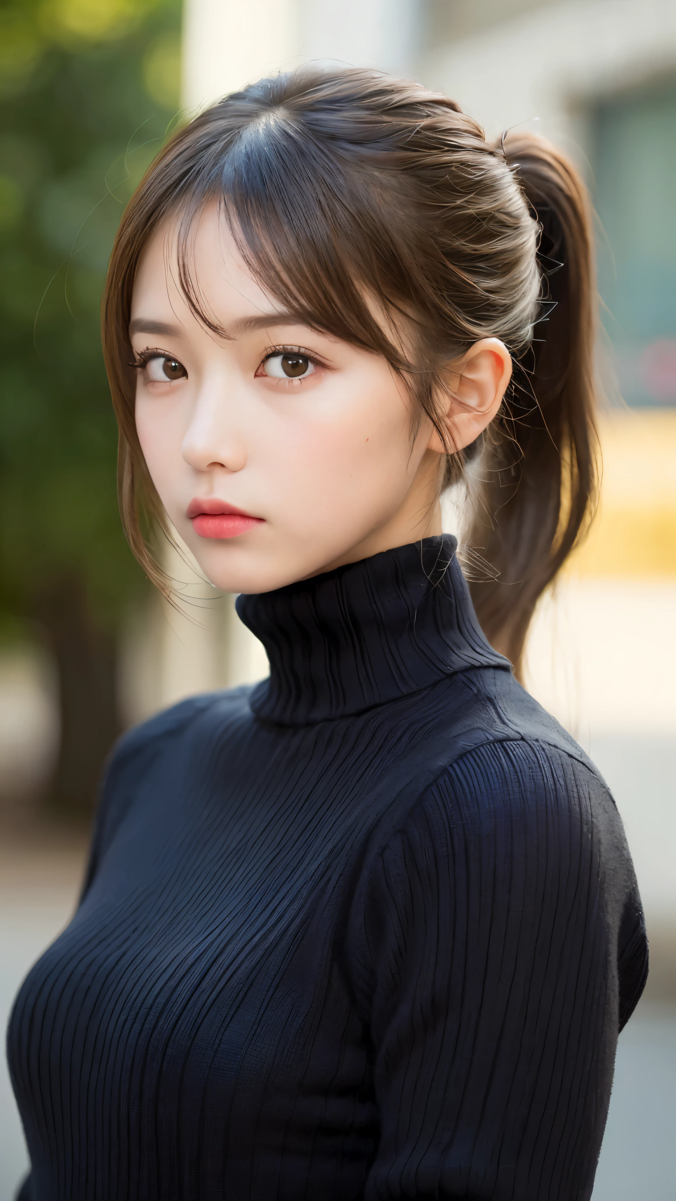(masterpiece:1.5)、(realistic:1.5)、(highest quality:1.4、8K、RAW photo）、
ultra high resolution、professional lighting、perfect dynamic composition、Shooting outdoors、
film grain、chromatic aberration、(Bokeh:1.1)、blur the background、
Frank、Sophisticated、charm、超realistic、high detail、golden ratio、perfect anatomy、
(1 girl)、slender girl、繊細でcharm女の子、cute woman:1.4、
serious expression、looking at the viewer、Mr..々Pause、
light brown hair、shining hair、(Hair style is ponytail)、
skin that looks real、
close your mouth、fine eyes、double eyelid、thin arms、、
(wearing a black knit turtleneck sweater:1.3)