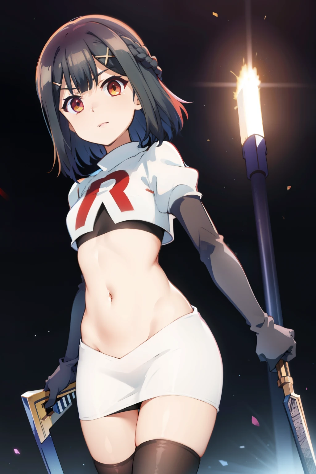 masterpiece, best quality, (colorful),(delicate eyes and face), volumetric light, ray tracing, extremely detailed CG unity 8k wallpaper, miyu edelfelt, magicalgirluniform, 1girl, solo, breasts, looking at viewer, twintails, small breasts, magical girl, x hair ornament, team rocket,team rocket uniform, red letter R, white skirt,white crop top,black thigh-highs,black elbow gloves