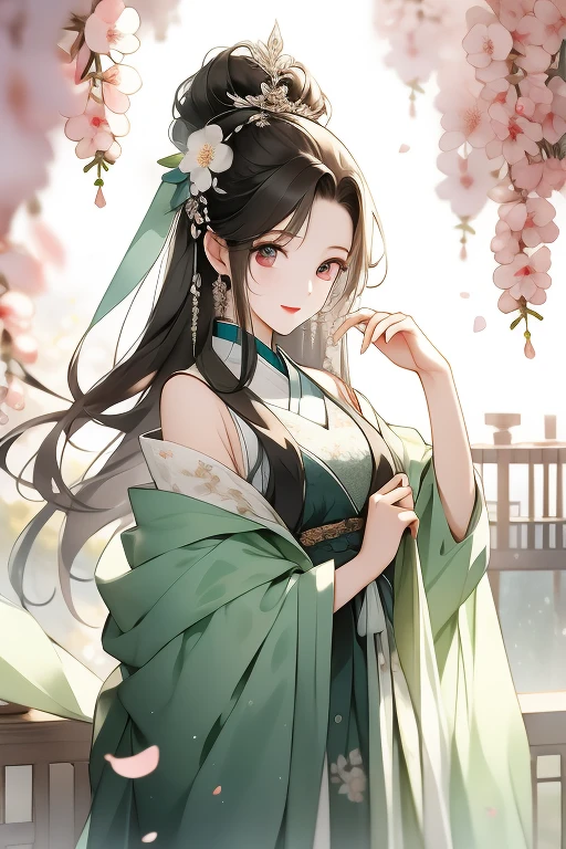 cherrie_blooming flower, fall_petals, Alone,1 sister,upper part of body, looking at viewert,,详细的脸,Detailed eyes,