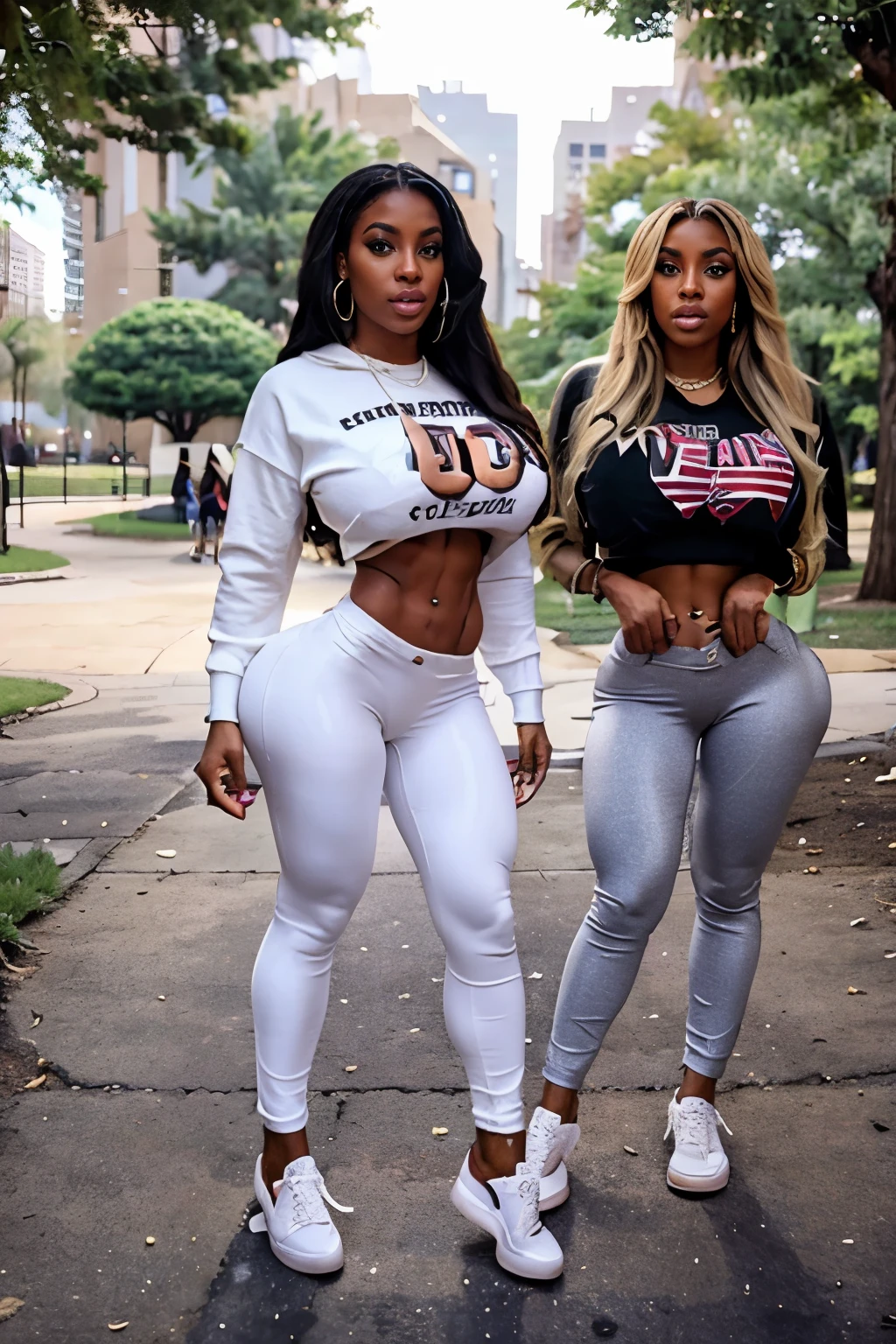 African-American, young female, bimbo, high heels, luxury jewelry, casual American outfit, graphic sweatshirt, leggings, sneakers, hanging out with friends in a park.