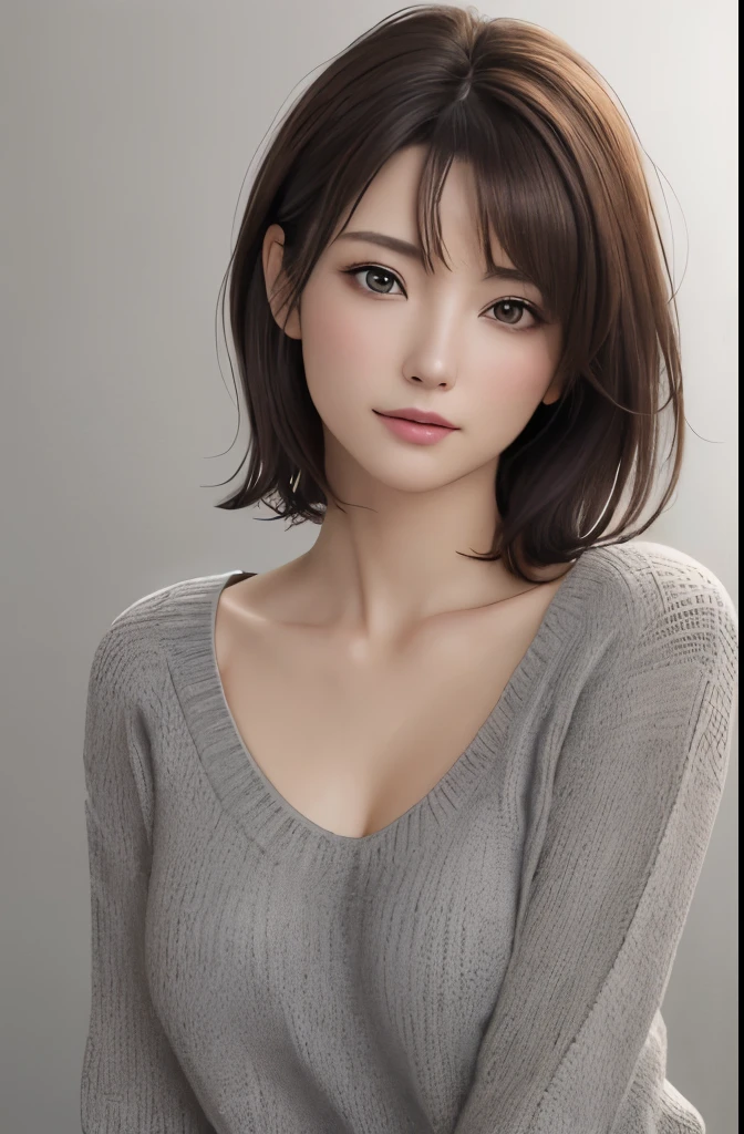 (Representative works:1.3)、(8k、photorealistic、Raw photo、Highest image quality:1.4)、(30 years old mature woman)、small face、beautiful face、(realistic face)、no makeup、natural makeup、Light makeup、 (Dark brown、short hair:1.3)、beautiful hairstyle、realistic eyes、beautiful detailed eyes、 (photorealisticな肌)、beautiful skin、 (sweater),,Bust B cup、 Disorganized、 charm, 超High definition, Super realistic, High definition, Golden Ratio FF Tifa、Gray background、