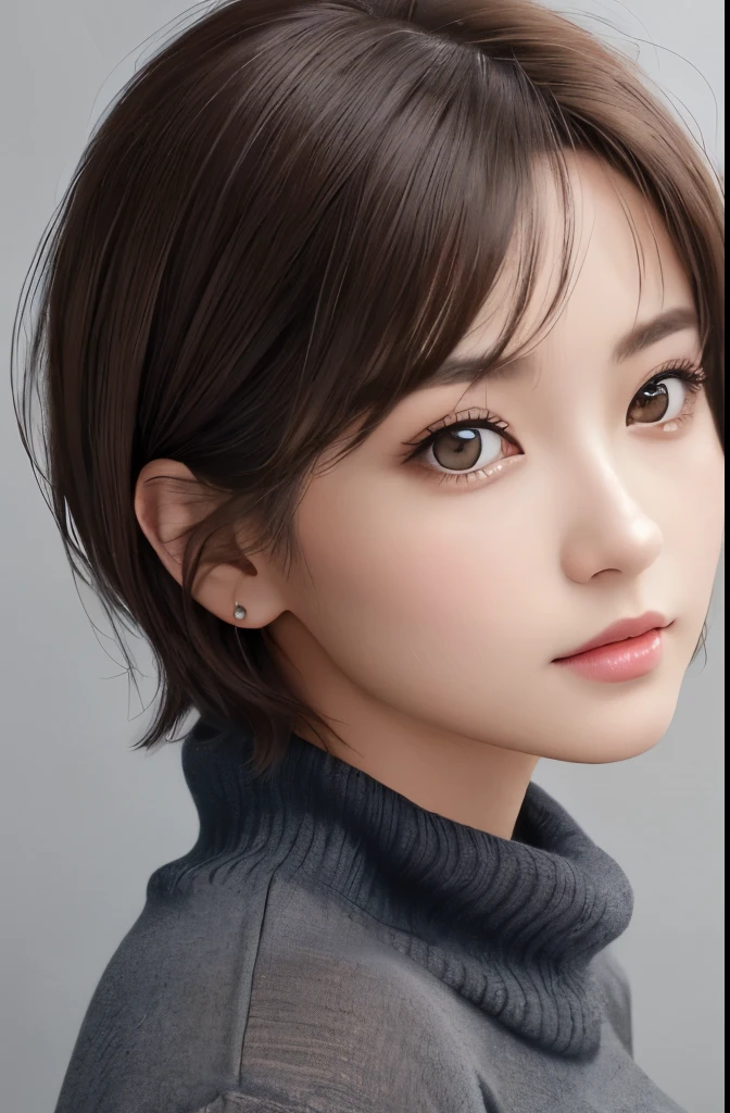 (Representative works:1.3)、(8k、photorealistic、Raw photo、Highest image quality:1.4)、(30 years old mature woman)、small face、beautiful face、(realistic face)、no makeup、natural makeup、Light makeup、 (Dark brown、short hair:1.3)、beautiful hairstyle、realistic eyes、beautiful detailed eyes、 (photorealisticな肌)、beautiful skin、 (sweater),,Bust B cup、 Disorganized、 charm, 超High definition, Super realistic, High definition, Golden Ratio FF Tifa、Gray background、