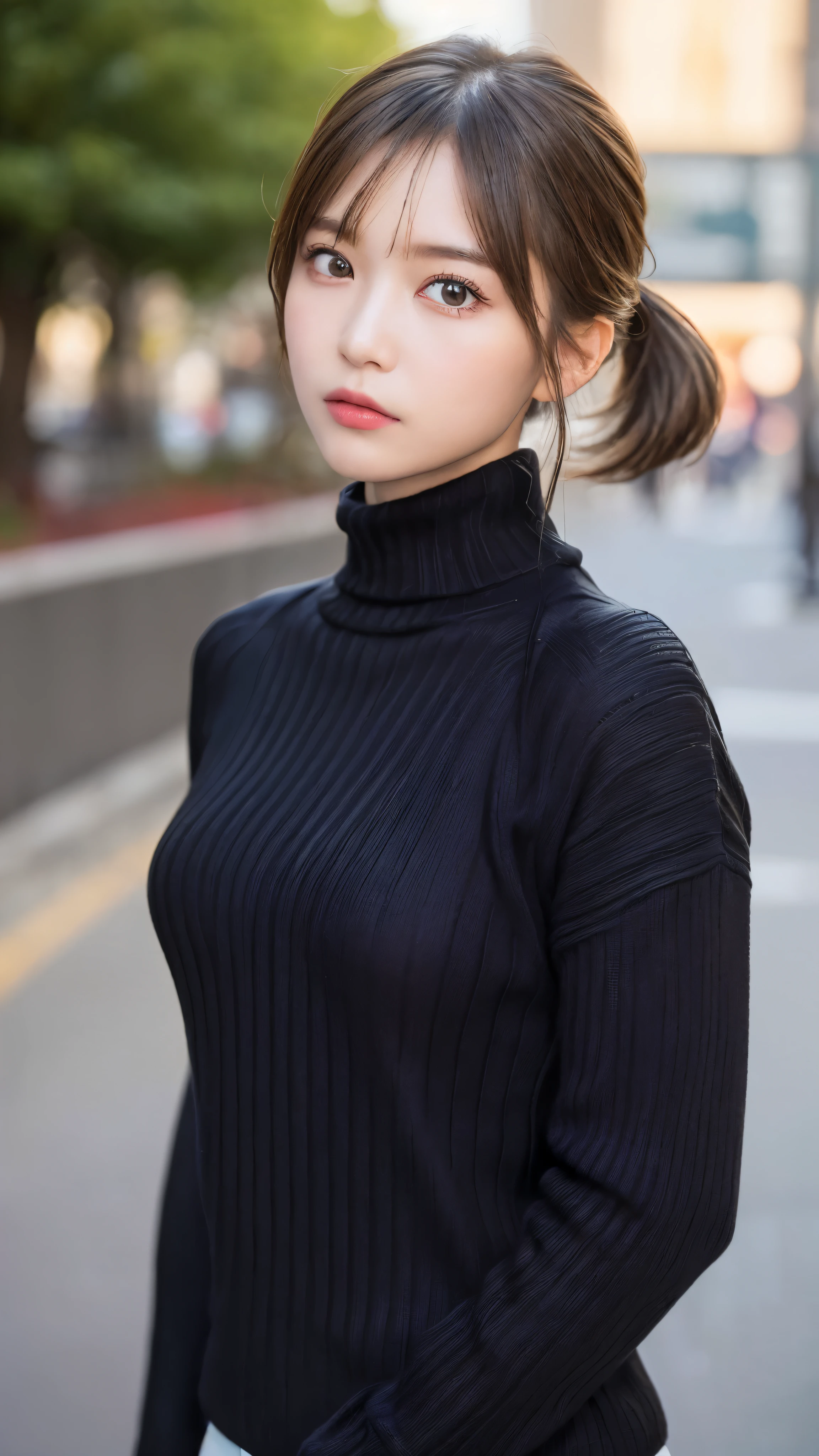 (masterpiece:1.5)、(realistic:1.5)、(highest quality:1.4、8K、RAW photo)、
ultra high resolution、professional lighting、perfect dynamic composition、Shooting outdoors、
film grain、chromatic aberration、(Bokeh:1.1)、blur the background、
Frank、Sophisticated、charm、超realistic、high detail、golden ratio、perfect anatomy、
(1 girl)、slender girl、繊細でcharm女の子、cute woman:1.4、
serious expression、looking at the viewer、Mr..々Pause、
light brown hair、shining hair、(Hair style is ponytail)、
skin that looks real、
close your mouth、fine eyes、double eyelid、thin arms、、
(wearing a black knit turtleneck sweater:1.4)