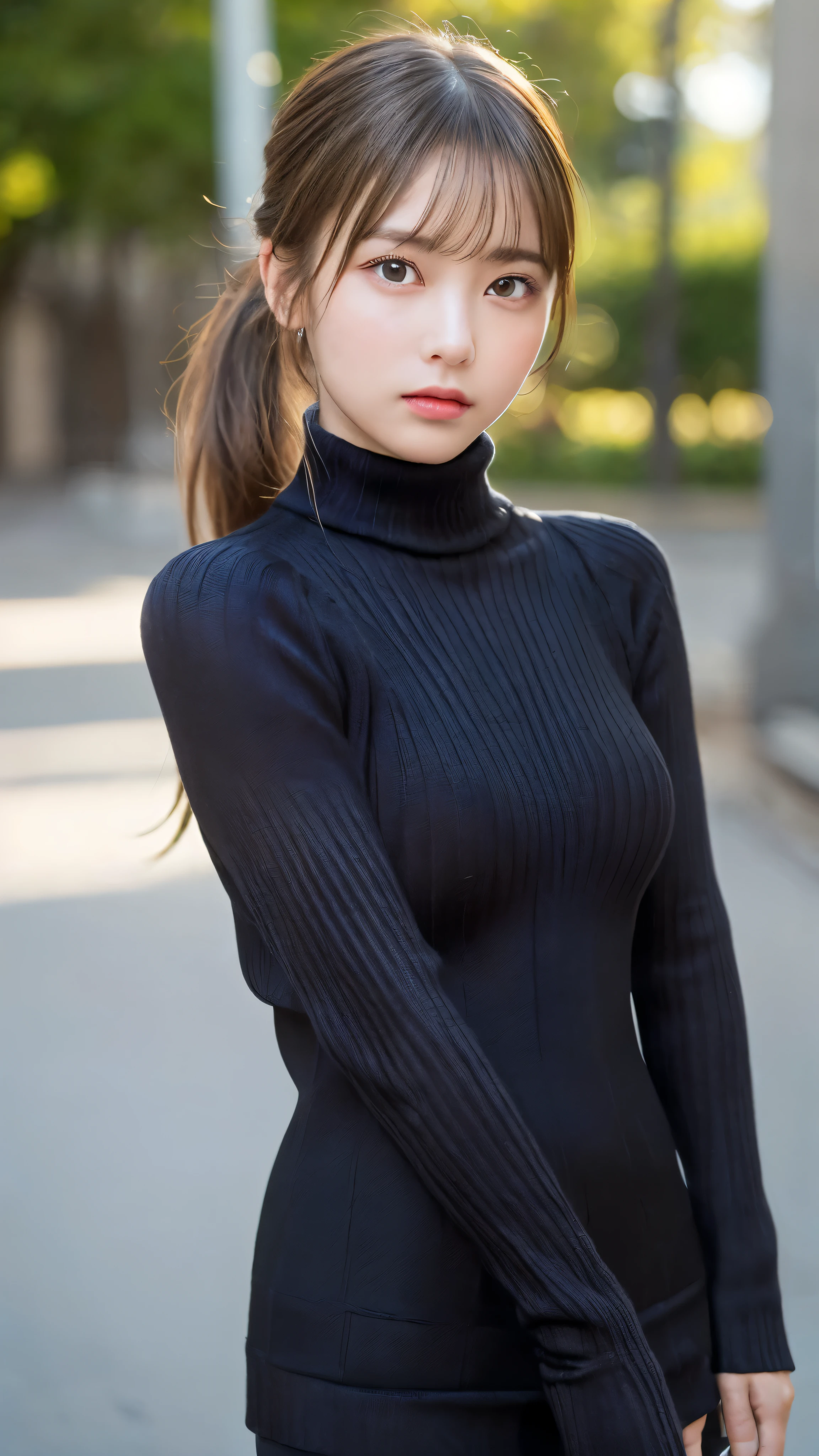 (masterpiece:1.5)、(realistic:1.5)、(highest quality:1.4、8K、RAW photo)、
ultra high resolution、professional lighting、perfect dynamic composition、Shooting outdoors、
film grain、chromatic aberration、(Bokeh:1.1)、blur the background、
Frank、Sophisticated、charm、超realistic、high detail、golden ratio、perfect anatomy、
(1 girl)、slender girl、繊細でcharm女の子、cute woman:1.4、
serious expression、looking at the viewer、Mr..々Pause、
light brown hair、shining hair、(Hair style is ponytail)、
skin that looks real、
close your mouth、fine eyes、double eyelid、thin arms、、
(wearing a black knit turtleneck sweater:1.4)