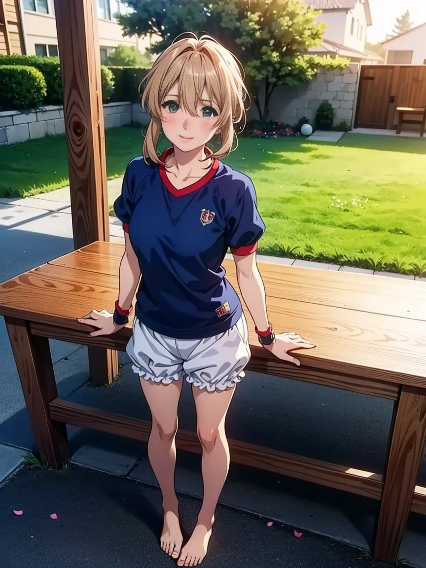 ((table top, highest quality, High resolution, nffsw, perfect pixel,  4K, nffsw, nffsw))), violet evergarden,table top, highest quality, blonde hair, blue eyes, hair between eyes, looking at the viewer, full body shot、ribbon、1 girl, single, alone, Beautiful woman、I could see the whole body、 ((beautiful bronze hair)), ((brown eyes, beautiful eyelashes, realistic eyes)), ((detailed face, blush:1.2)), ((smooth texture:0.75, realistic texture:0.65, realistic:1.1, Anime CG style)), medium breasts, ((full body shot))、 perfect body,  (White short-sleeved gym clothes with navy blue cuffs)、(紺色のbloomers)、紺bloomers、bloomers、barefoot、dark blue socks、big smile、playground
