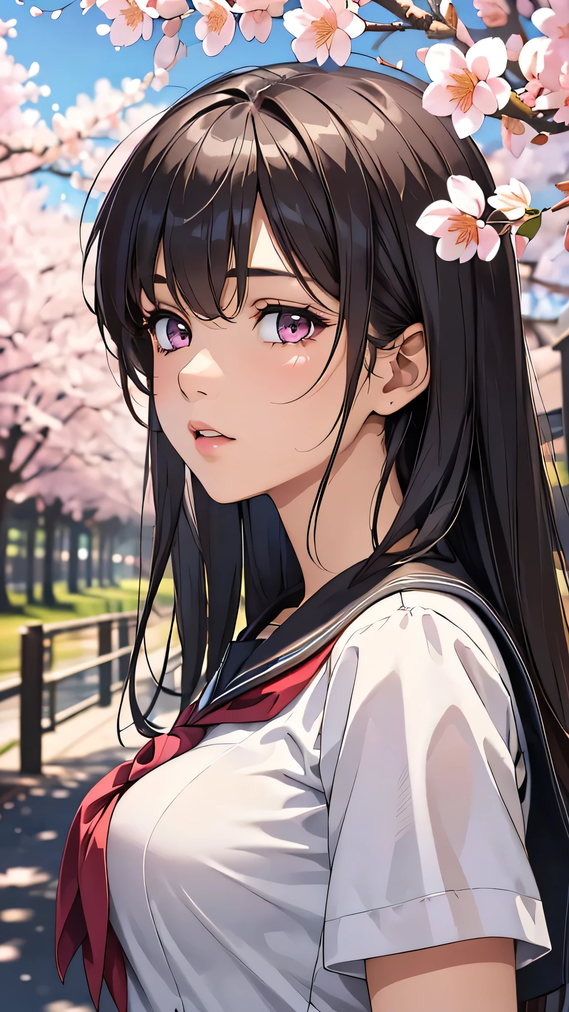 (1young girl), Amazing face and eyes, Pink eyes, (amazingly beautiful girl), (Best Quality:1.4), (Ultra-detailed), (extremely detailed CG unified 8k wallpaper), Highly detailed, High-definition raw color photos, Professional Photography, sailor uniform, school uniform, School, Spring, cherry blossoms,