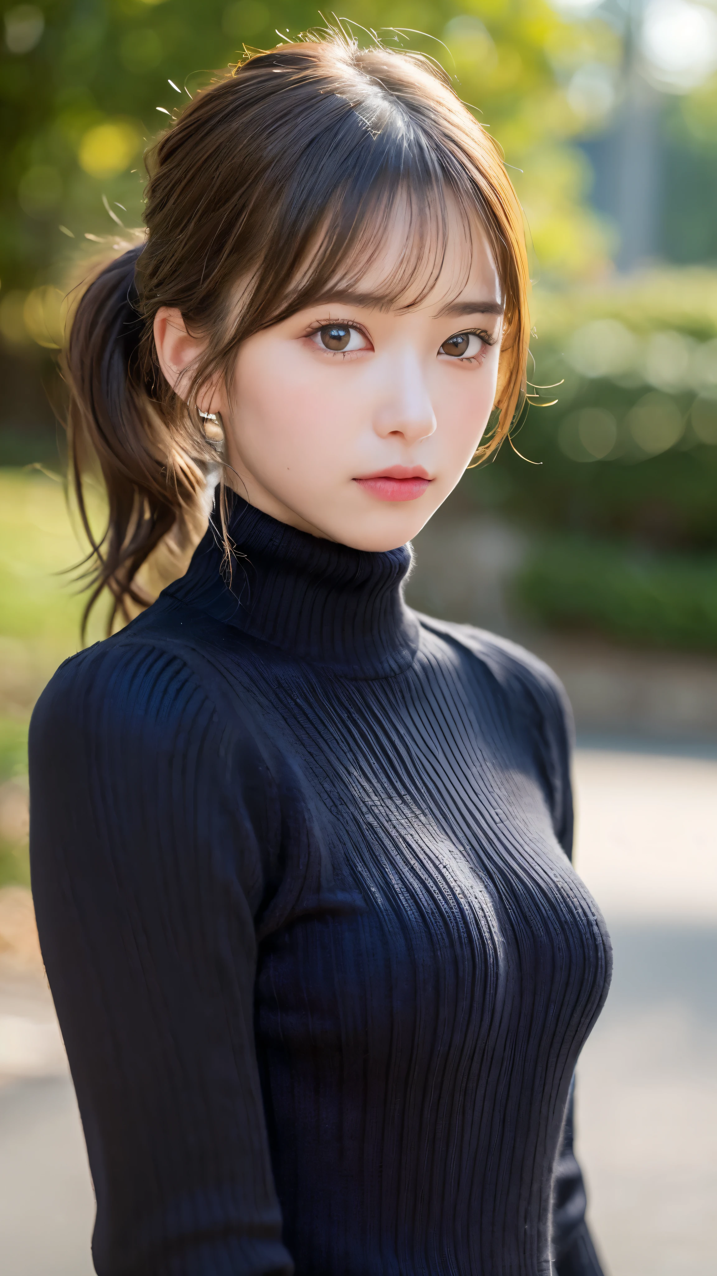 (masterpiece:1.5)、(realistic:1.5)、(highest quality:1.4、8K、RAW photo)、
ultra high resolution、professional lighting、perfect dynamic composition、Shooting outdoors、
film grain、chromatic aberration、(Bokeh:1.1)、blur the background、
Frank、Sophisticated、charm、超realistic、high detail、golden ratio、perfect anatomy、
(1 girl)、slender girl、繊細でcharm女の子、cute woman:1.4、
serious expression、looking at the viewer、Mr..々Pause、
light brown hair、shining hair、(Hair style is ponytail)、
skin that looks real、
close your mouth、fine eyes、double eyelid、thin arms、、
(wearing a black knit turtleneck sweater:1.4)