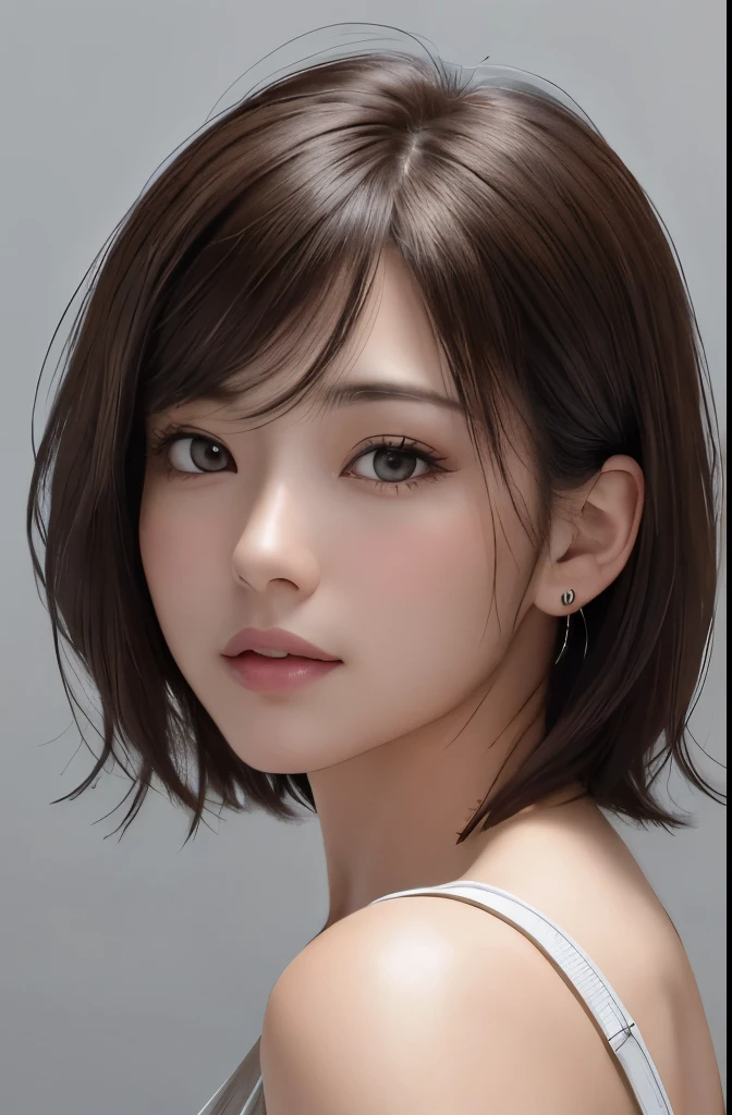 (Representative works:1.3)、(8k、photorealistic、Raw photo、Highest image quality:1.4)、(30 years old mature woman)、small face、beautiful face、(realistic face)、no makeup、natural makeup、Light makeup、 (Dark brown、short hair:1.3)、beautiful hairstyle、realistic eyes、beautiful detailed eyes、 (photorealisticな肌)、beautiful skin、Bust B cup、 Disorganized、 charm, 超High definition, Super realistic, High definition, Golden Ratio FF Tifa、Gray background、