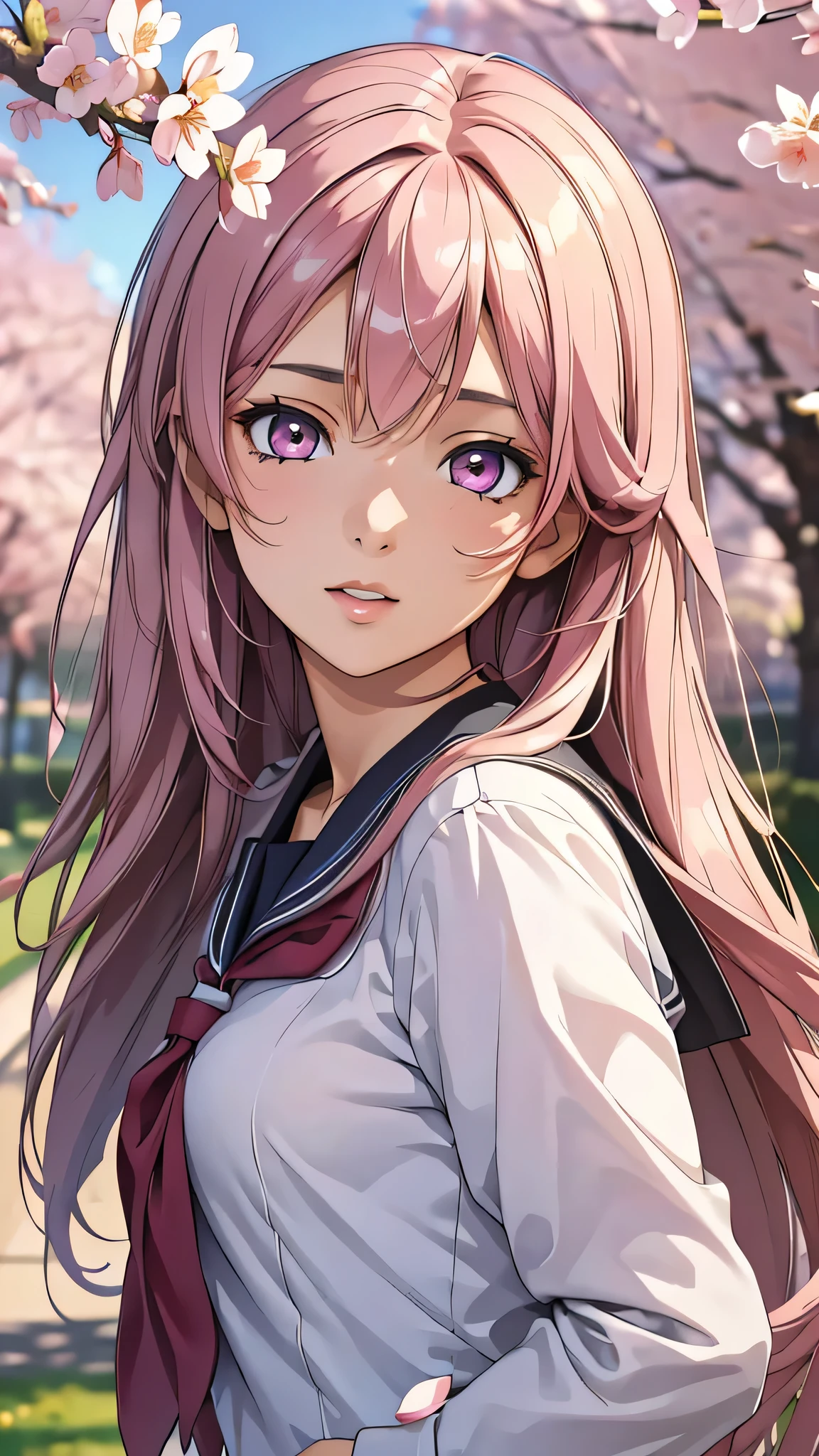 (1young girl), Amazing face and eyes, Pink eyes, (amazingly beautiful girl), (Best Quality:1.4), (Ultra-detailed), (extremely detailed CG unified 8k wallpaper), Highly detailed, High-definition raw color photos, Professional Photography, sailor uniform, school uniform, School, Spring, cherry blossoms,