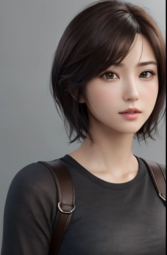 (Representative works:1.3)、(8k、photorealistic、Raw photo、Highest image quality:1.4)、(30 years old mature woman)、small face、beautiful face、(realistic face)、no makeup、natural makeup、Light makeup、 (Dark brown、short hair:1.3)、beautiful hairstyle、realistic eyes、beautiful detailed eyes、 (photorealisticな肌)、beautiful skin、Bust B cup、 Disorganized、 charm, 超High definition, Super realistic, High definition, Golden Ratio FF Tifa、Gray background、