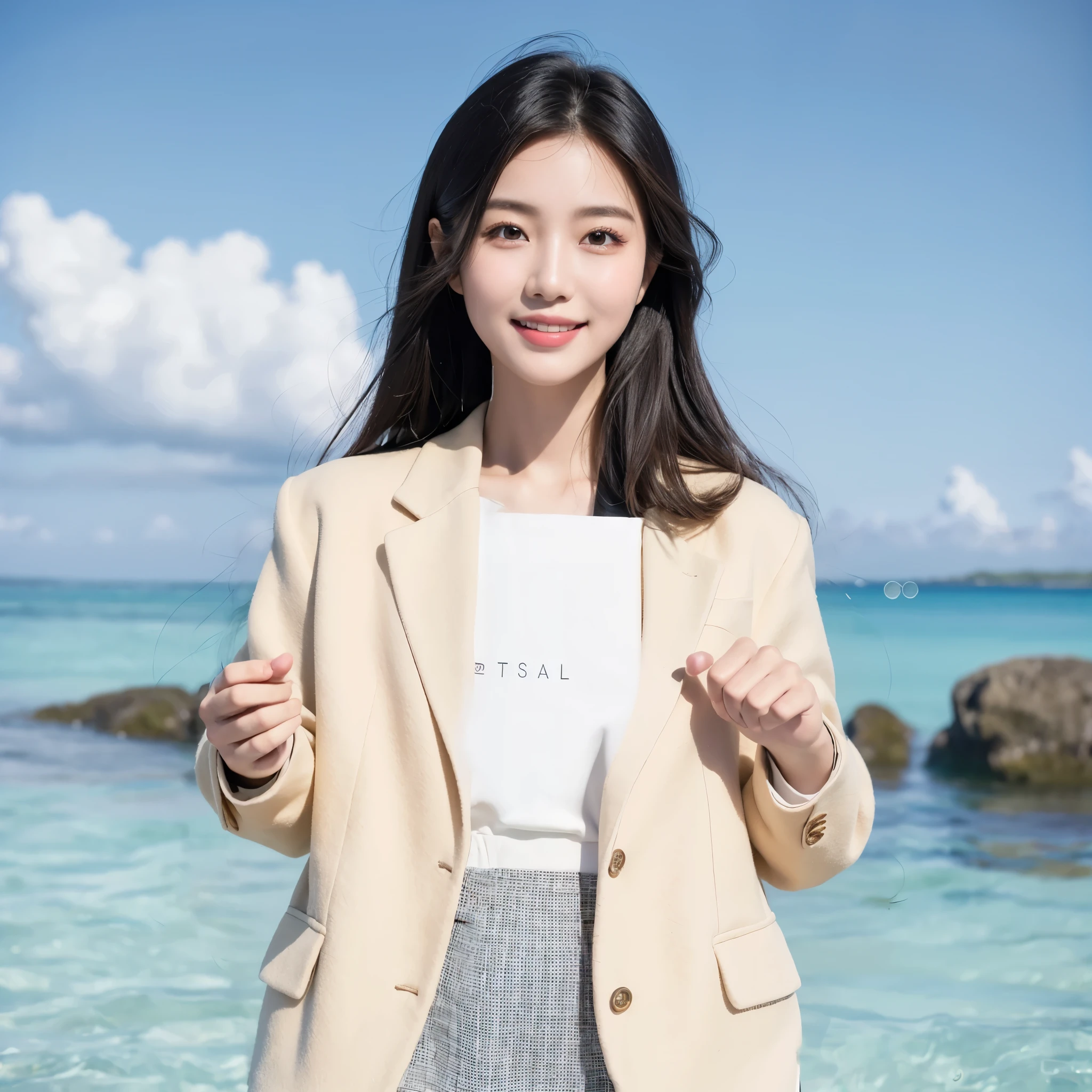 woman tweed short jacket bookle jacket cropped tweed,dramatic lighting,(In reality, high resolution:1.3, masterpiece, 8K, best quality, ultra detailed, dramatic lighting), smiling korean girl standing front clean sea, very beautiful face, (photo realistic:1.4), studio shoot,pictorial,photography