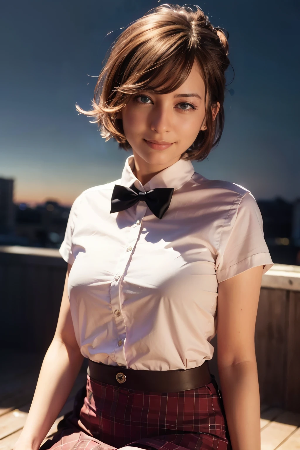(8k, RAW photo, best quality, masterpiece:1.2), (realistic, photo-realistic:1.37), ultra-detailed,
1 girl,cute, solo,beautiful detailed sky,detailed cafe,night,sitting,dating,(nose blush),(smile:1.1),(closed mouth),large breasts, seductive smile, large aparture, professional lighting, Sony A7R4, Zessie 50mm F1.8,
medium breasts,beautiful detailed eyes,(collared shirt:1.1), bowtie,pleated skirt,(short hair:1.2),floating hair not wear clothes