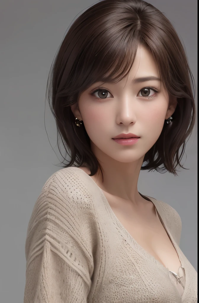 (Representative works:1.3)、(8k、photorealistic、Raw photo、Highest image quality:1.4)、(30 years old mature woman)、small face、beautiful face、(realistic face)、no makeup、natural makeup、Light makeup、 (Dark brown、short hair:1.3)、beautiful hairstyle、realistic eyes、beautiful detailed eyes、 (photorealisticな肌)、beautiful skin、 (sweater),,Bust B cup、 Disorganized、 charm, 超High definition, Super realistic, High definition, Golden Ratio FF Tifa、Gray background、