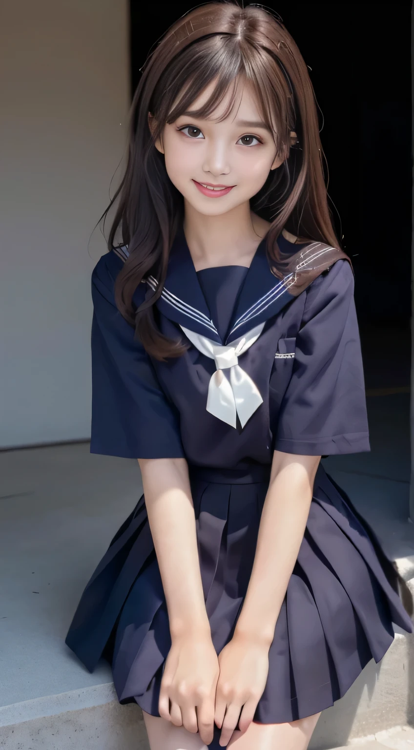 ( girl), (medium breasts), (Japan Schoolgirls), (white teeth), (smile:1.2), (laughter:1.2), (brown hair:1.4), (bright hair), dull bangs, hair behind the ear, shoulder hair, (black eye), (Big eyes:1.2), (long hair), ( slender body shape), delicate lips, (beautiful eyes), light blush, brown eyes, (shiny skin, perfect skin :1.3), (sailor suit:1.3, Flared skirt in navy blue)