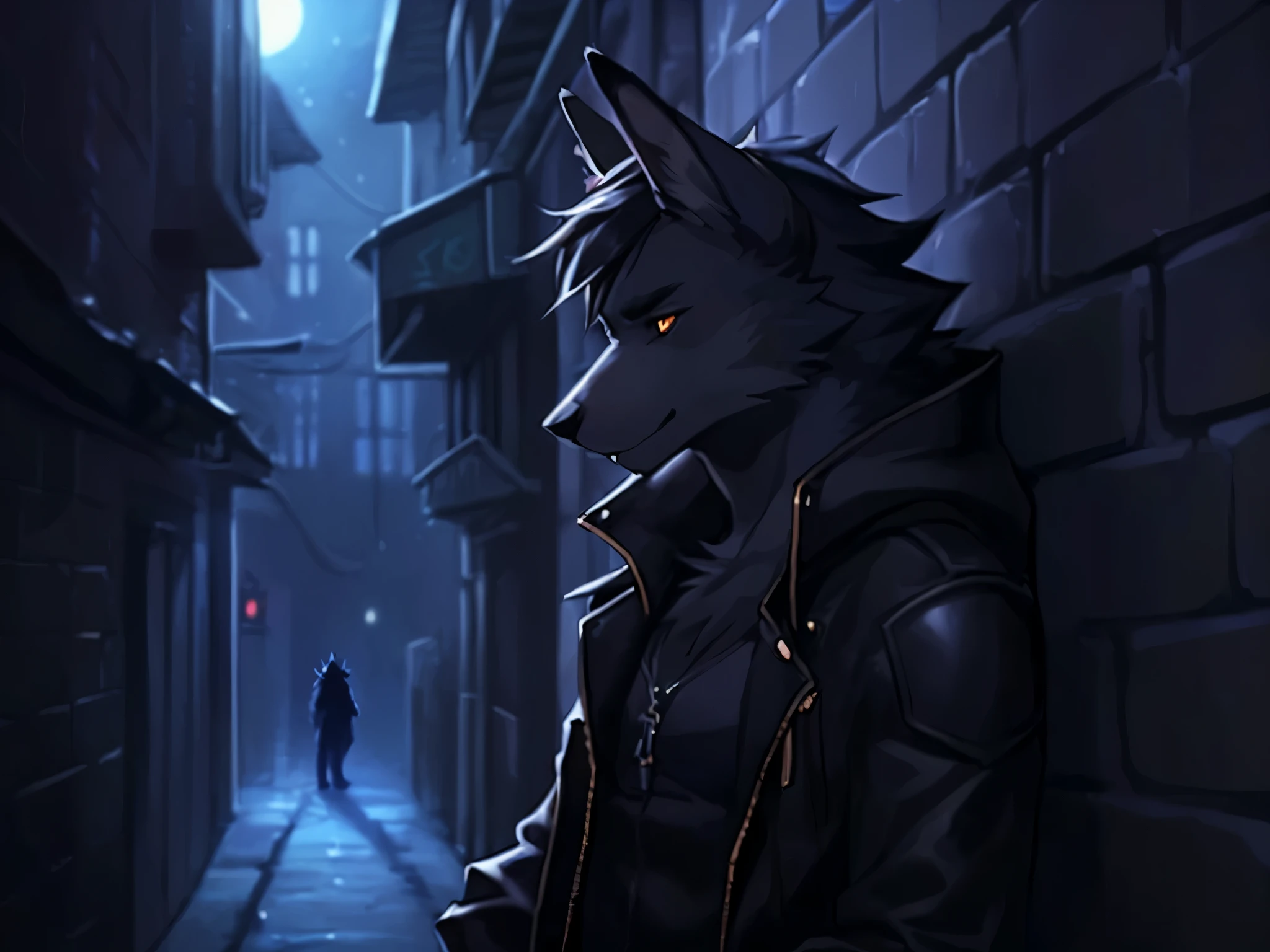 Wolf boy, leaning from the wall in an alley,Quite dark (the character cannot be perceived, only a little of his eyes, dark giving a mysterious look, the wolf gets a little lost in the darkness, detailed art by Iskra, fluffkevlar and Seff, Midnight background, extra dark.