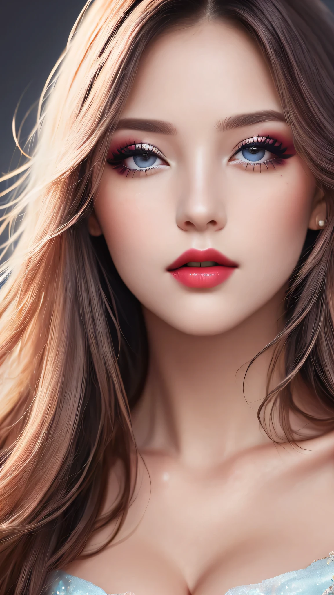 Ultra-realistic、 ultra-detailed primetime portraits、 最high quality、 8K、highest level、 The ultra -The high-definition、(Super beautiful face:1.5)、(detailed face:1.5)、(detailed eyes:1.2)、(detailed lip:1.2)、(Detailed nose:1.2)、((cleavage))、(Use any technique, any style, any random outfit ,choose the color of your eyes, hair and even hairstyles)、(I encourage you to choose a subdued and perfectly coordinated background for your phenomenal, diverse random creation)、(Use any technique of combining materials, natural, artificial, (light, heavy, airy), metals, elements and fantasy magic, any style, any outfit, choose eyes color, ((hair is a different color than eyes)), dynamic random fancy, professional hairstyles)、 1girl:1.4 22years old、fashion supermodel、real:1.66、photorealistic:1.66、(very delicate and beautiful、fine details:1.3)、masterpiece、 最high quality、 (high quality)、 (absurdres)、 (sharp fous)、(Glamour, paparazzi taking pictures of her)、 contrast、 (dark shot:1.07)、 Long 2blue_eyelashes:1.22、 (dark_eyeshadows:1.3)、 red_lipstick:1.45、((perfect round eyes))、 (dark_pink_makeup:1.24)、(matte skin:1.3)、