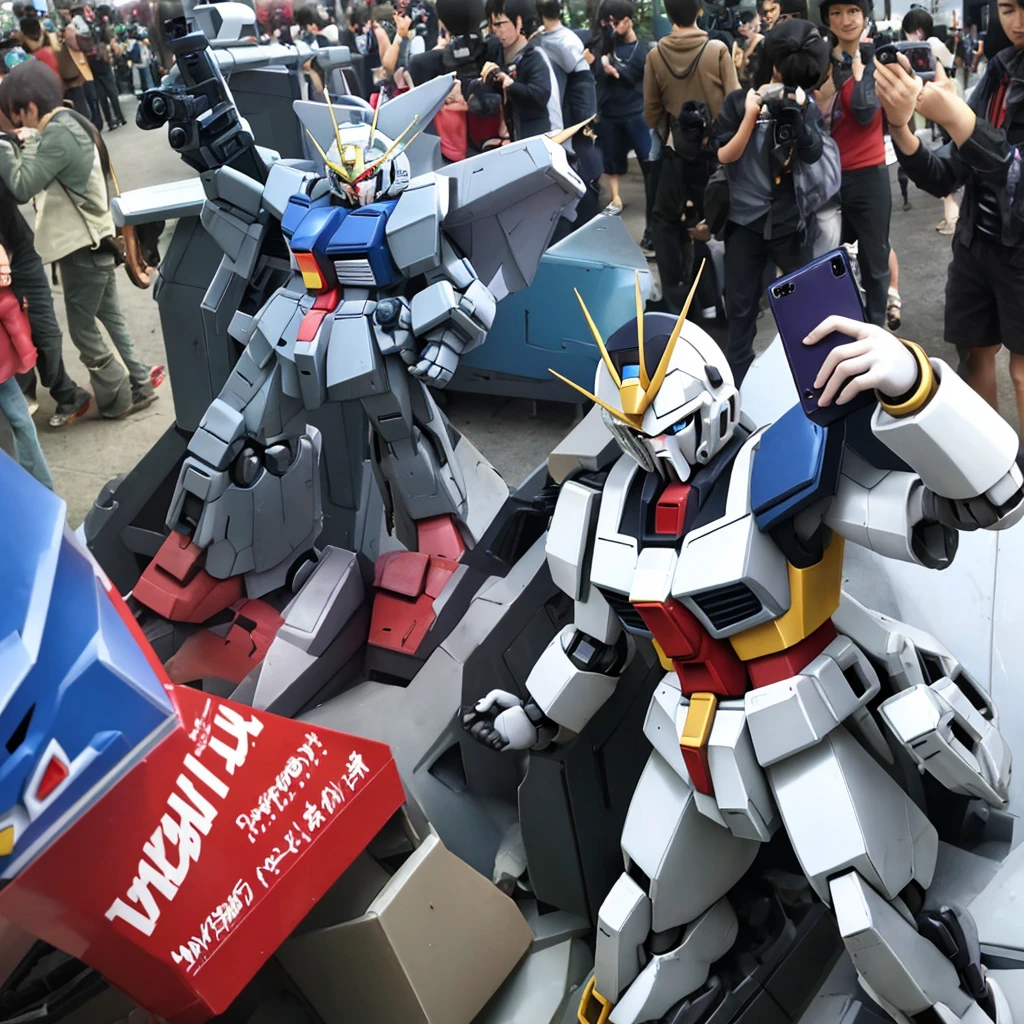 A man is Taking photo of gundam toys