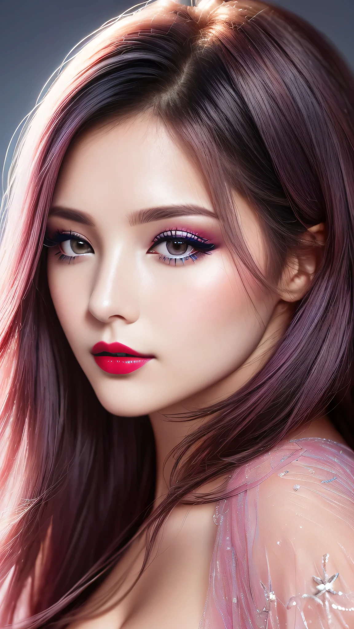 Ultra-realistic、 ultra-detailed primetime portraits、 最high quality、 8K、highest level、 The ultra -The high-definition、(Super beautiful face:1.5)、(detailed face:1.5)、(detailed eyes:1.2)、(detailed lip:1.2)、(Detailed nose:1.2)、((cleavage))、(Use any technique, any style, any random outfit ,choose the color of your eyes, hair and even hairstyles)、(I encourage you to choose a subdued and perfectly coordinated background for your phenomenal, diverse random creation)、(Use any technique of combining materials, natural, artificial, (light, heavy, airy), metals, elements and fantasy magic, any style, any outfit, choose eyes color, ((hair is a different color than eyes)), dynamic random fancy, professional hairstyles)、 1girl:1.4 22years old、fashion supermodel、real:1.66、photorealistic:1.66、(very delicate and beautiful、fine details:1.3)、masterpiece、 最high quality、 (high quality)、 (absurdres)、 (sharp fous)、(Glamour, paparazzi taking pictures of her)、 contrast、 (dark shot:1.07)、 Long 2blue_eyelashes:1.22、 (dark_eyeshadows:1.3)、 red_lipstick:1.45、((perfect round eyes))、 (dark_pink_makeup:1.24)、(matte skin:1.3)、