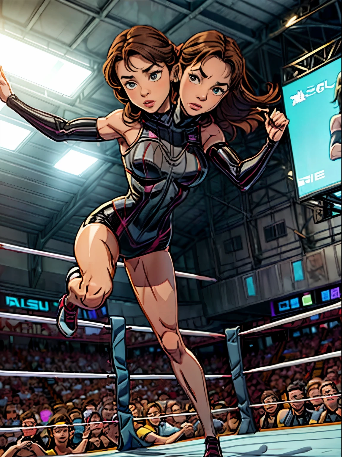 young woman professional jumping in the air for a wwe move- perfect (long legs: 1.5),This is a masterpiece of high quality, with photorealistic visuals and cinematic direction. ((1girl)), conjoined dicephalus,((2heads)),blonde, brunette, ((big bulge))