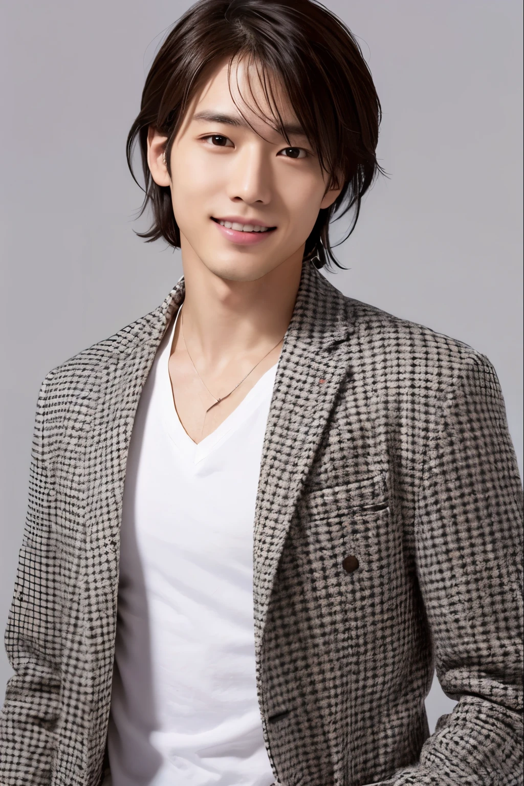 Top quality, 8k, ultra high res, one handsome Japanese male idol, 25 years old, jacket, no tie, 35mm lens, f/1, (white background: 1.3), lounge, frontal face, he is smile, standing, clean shaven, slender face, cool face,