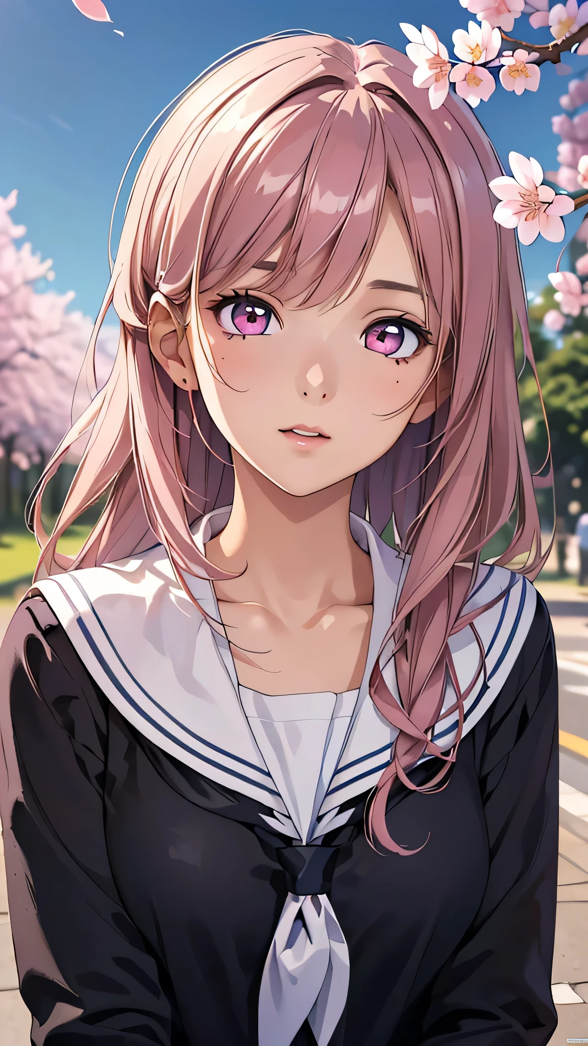 (1ung girl), Amazing face and eyes, Pink eyes, (amazingly beautiful girl), (Best Quality:1.4), (Ultra-detailed), (extremely detailed CG unified 8k wallpaper), Highly detailed, High-definition raw color photos, Professional Photography, sailor uniform, school uniform, School, Spring, cherry blossoms,