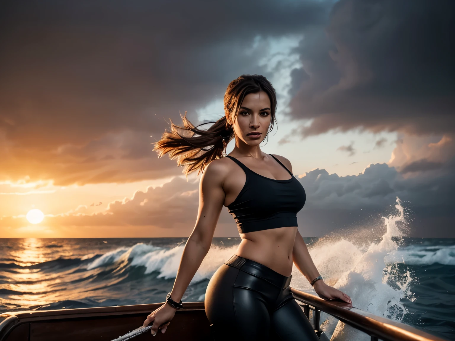 medieval pirate ship offshore in extremely high stormy seas setting, ob board with rigging, Lara Croft outfit buccaneer, (Meisterwerk), (best qulaity), (fotorealistisch: 1,3), 8k, detaillierte Hauttextur, beautiful detailed face, komplizierte Details, Sexy Mittelalterliche Lara Croft hair blowing in the wind neckholder top kinky pirate style, sexy leather leggings pirate style, Beautiful Hot Sporty , high heels, skank, dramatic lighting, god ray, dark atmosphere, Foto
