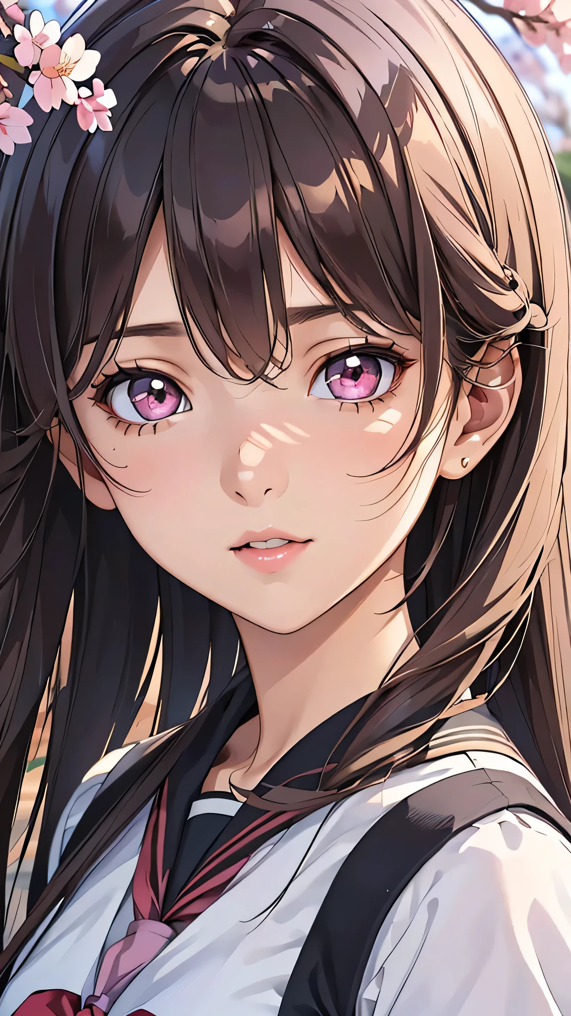 (1young girl), Amazing face and eyes, Pink eyes, (amazingly beautiful girl), (Best Quality:1.4), (Ultra-detailed), (extremely detailed CG unified 8k wallpaper), Highly detailed, High-definition raw color photos, Professional Photography, sailor uniform, school uniform, School, Spring, cherry blossoms,