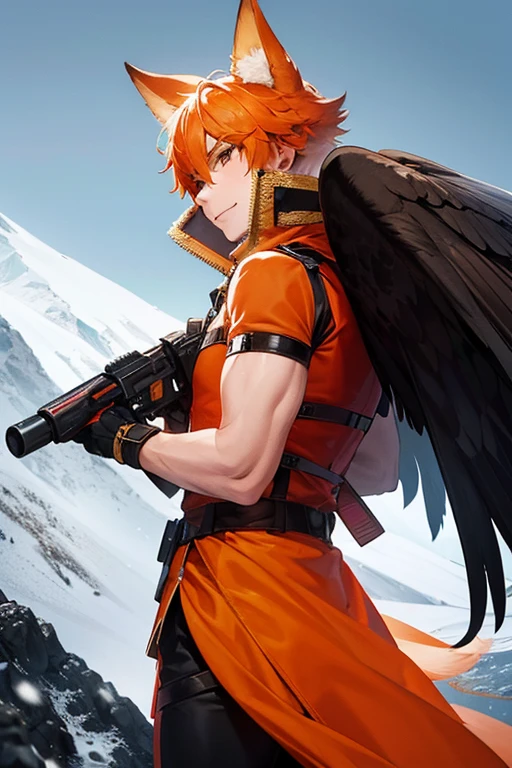 An orange haired man with orange eyes and orange fox ears and an orange fox tail is hiking up a snowy mountain with a raven flying behind him. 