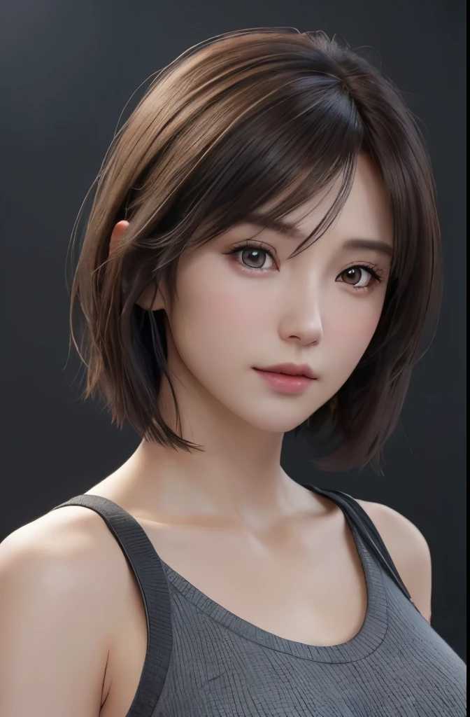 (Representative works:1.3)、(8k、photorealistic、Raw photo、Highest image quality:1.4)、(30 years old mature woman)、small face、beautiful face、(realistic face)、no makeup、natural makeup、Light makeup、 (Dark brown、short hair:1.3)、beautiful hairstyle、realistic eyes、beautiful detailed eyes、 (photorealisticな肌)、beautiful skin、 (sweater),,Bust B cup、 Disorganized、 charm, 超High definition, Super realistic, High definition, Golden Ratio FF Tifa、Gray background、