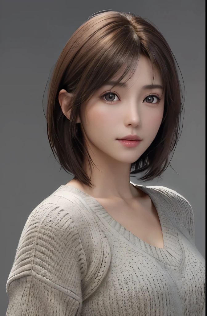 (Representative works:1.3)、(8k、photorealistic、Raw photo、Highest image quality:1.4)、(30 years old mature woman)、small face、beautiful face、(realistic face)、no makeup、natural makeup、Light makeup、 (Dark brown、short hair:1.3)、beautiful hairstyle、realistic eyes、beautiful detailed eyes、 (photorealisticな肌)、beautiful skin、 (sweater),,Bust B cup、 Disorganized、 charm, 超High definition, Super realistic, High definition, Golden Ratio FF Tifa、Gray background、