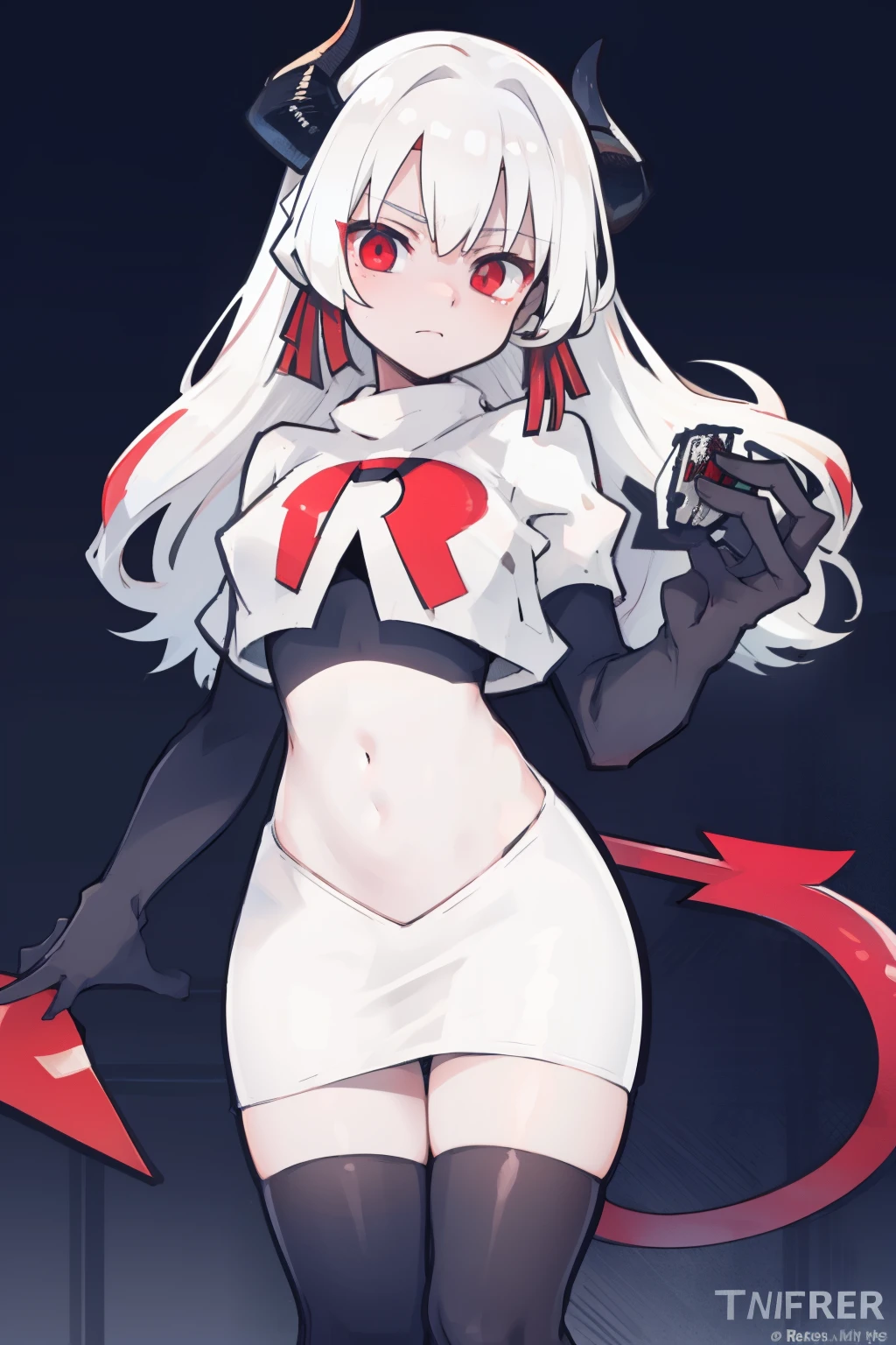 masterpiece, best quality, red eyes, white hair, twintails,ahoge,black hair ribbons,demon horns, demon tail,team rocket,team rocket uniform,white skirt,red letter R,crop top,black thigh-highs,black elbow gloves, comic strip