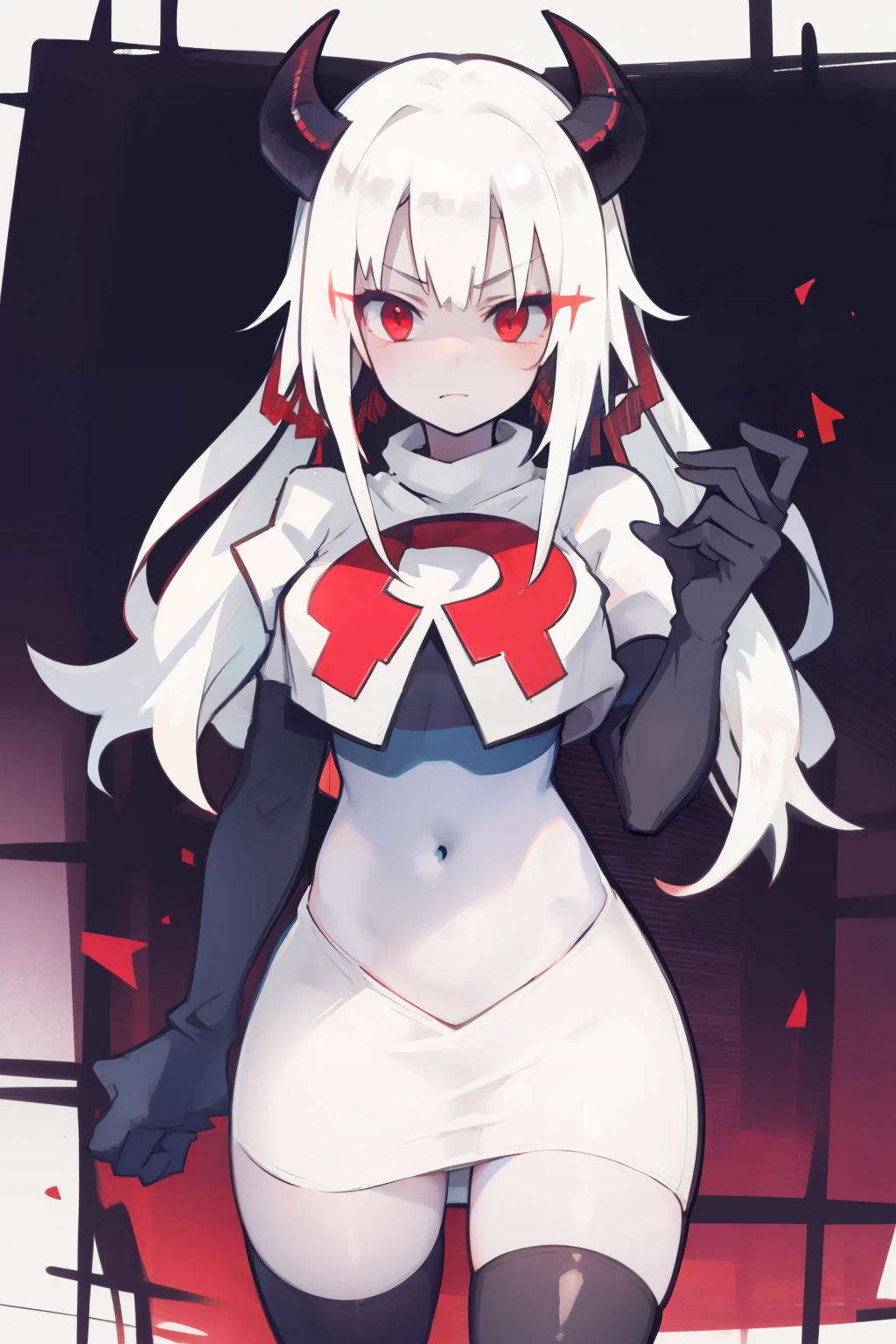 masterpiece, best quality, red eyes, white hair, twintails,ahoge,black hair ribbons,demon horns, demon tail,team rocket,team rocket uniform,white skirt,red letter R,crop top,black thigh-highs,black elbow gloves, comic strip