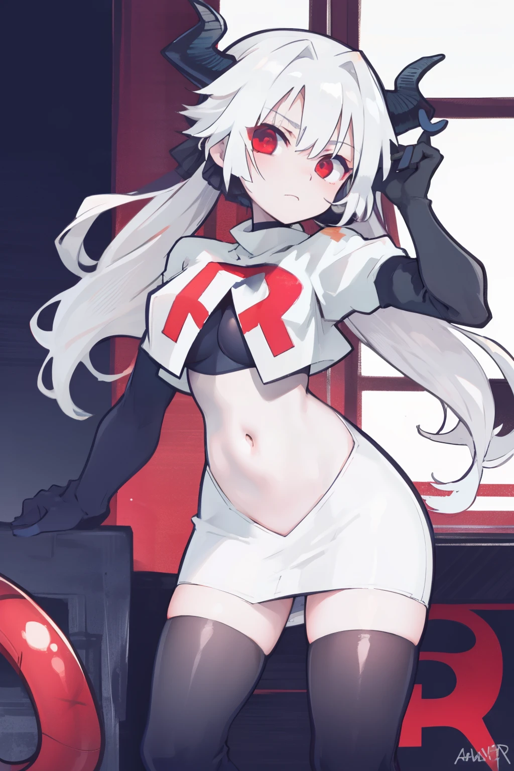 masterpiece, best quality, red eyes, white hair, twintails,ahoge,black hair ribbons,demon horns, demon tail,team rocket,team rocket uniform,white skirt,red letter R,crop top,black thigh-highs,black elbow gloves, comic strip