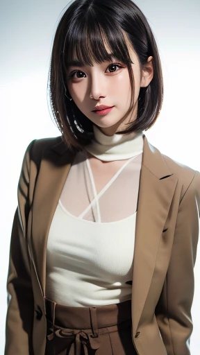 mix 4,(highest quality), (realistic),(Simple white background:1.2), (21 year old girl 1:1.5), Upper body, high detail face, smile,[ash blonde | Ginger | brown gray hair], Fujifilm XT3, beige or camel、High-waisted pants in neutral colors like silver and blue, Silk blouse and structured blazer combination, Creates a sleek and powerful look,(8K), bangs, short hair、Random attire、random sexy pose