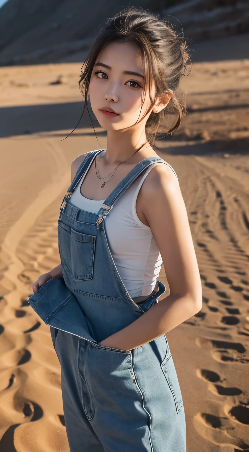 {{NSFW}},((highest quality、In 8K、master piece:1.1))、fisheye lens 、1 woman、japanese woman、Cute 20 year old woman、Cute round face、delicate and beautiful skin、human-like skin、realistic skin feel、複雑な色hair of、complicated hairstyle、gloss々hair of、Tie your hair to the side、、Forehead、two block、Sheared hair、ear length hair、Put out both ears、Looking at the camera、look at camera、raise your chin slightly、double round big eyes、super delicate eyes、super detailed face、high detailed lips、thick lips、Emphasize the face、cool woman、strong woman、Above the chest、Slender body,covered erect nipples,shiny skin,Take a full body photo、feminine toned body、Wild Lady、desert、荒れた荒野に立つWild Lady、military clothing、dirty with dirt or sand、the wind is strong、Hair disheveled by the wind、tanned skin、Wheat-colored healthy skin、Military Shirts、迷彩柄のoveralls、overalls、face is dirty with dirt、The gesture of wiping a dirty face with one's arm、A woman standing on a road in the wilderness、The body is facing forward、