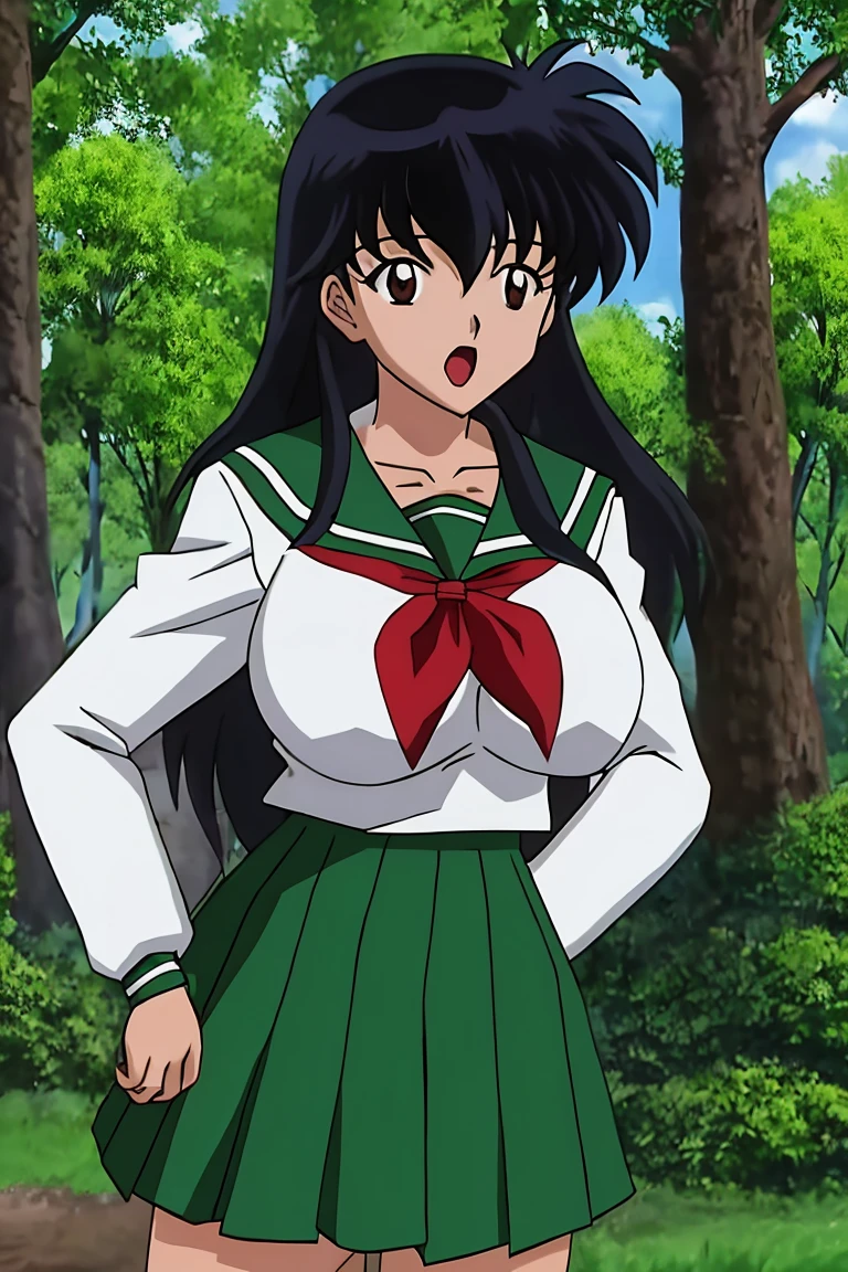 kagome, 1girl, solo, long_hair, looking_at_viewer, open_mouth, black_hair, long_sleeves, brown_eyes, ((large breast)), school_uniform, standing, cowboy_shot, pleated_skirt, outdoors, sky, day, sailor_collar, tree, neckerchief, green_tiny skirt, forest