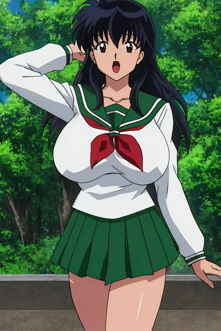 (masterpiece), best quality, very skinny, big breasts, watching the camera, black hair, long hair, brown eyes, kagome higurashi,
