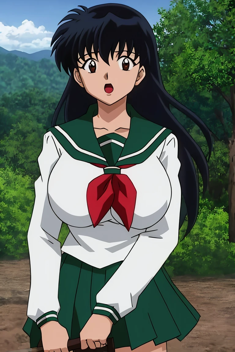 kagome, 1girl, solo, long_hair, looking_at_viewer, open_mouth, black_hair, long_sleeves, brown_eyes, ((large breast)), school_uniform, standing, cowboy_shot, pleated_skirt, outdoors, sky, day, sailor_collar, tree, neckerchief, green_tiny skirt, forest