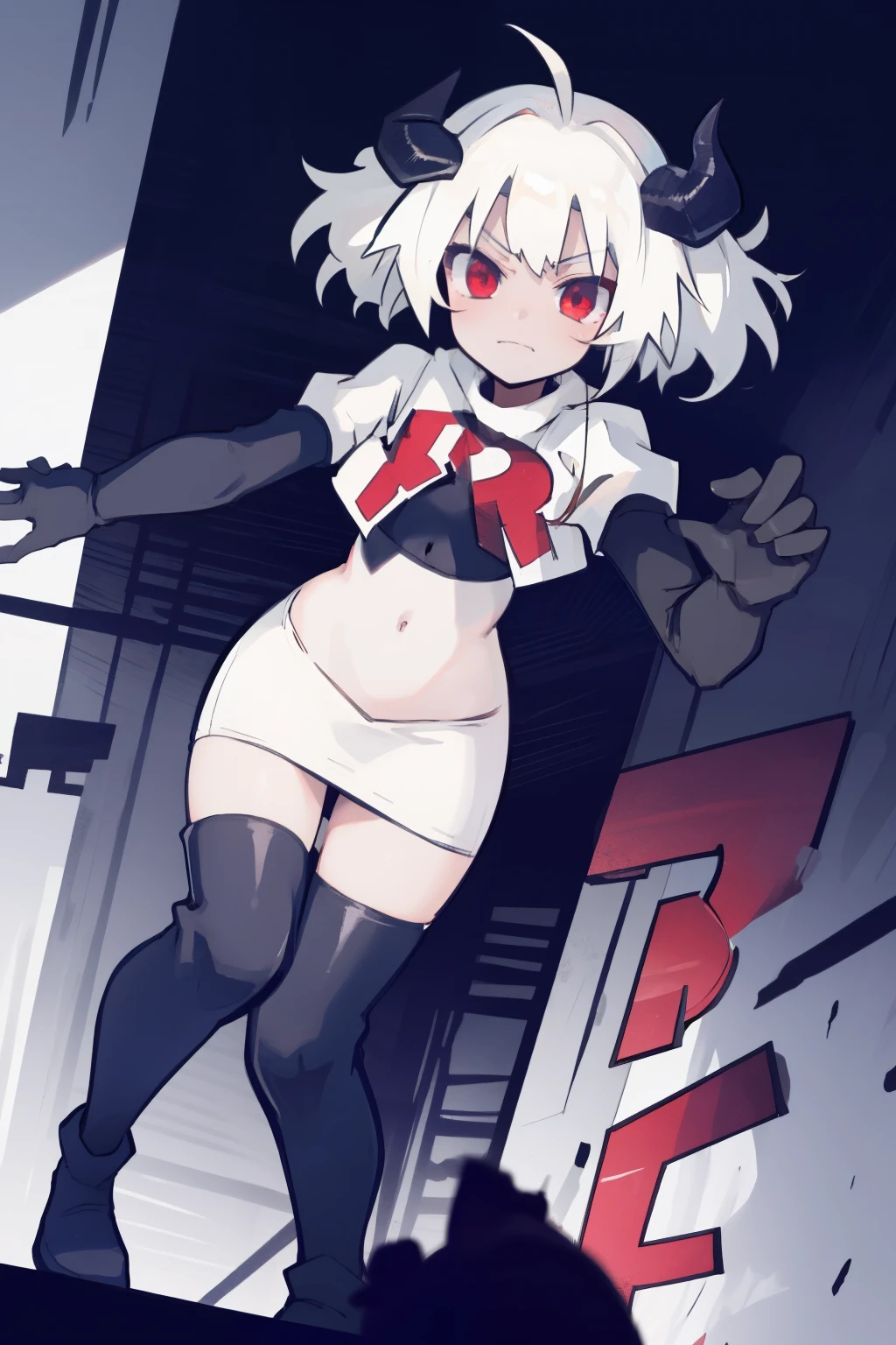 masterpiece, best quality, red eyes, white hair, twintails,ahoge,black hair ribbons,demon horns, demon tail,team rocket,team rocket uniform,white skirt,red letter R,crop top,black thigh-highs,black elbow gloves, comic strip