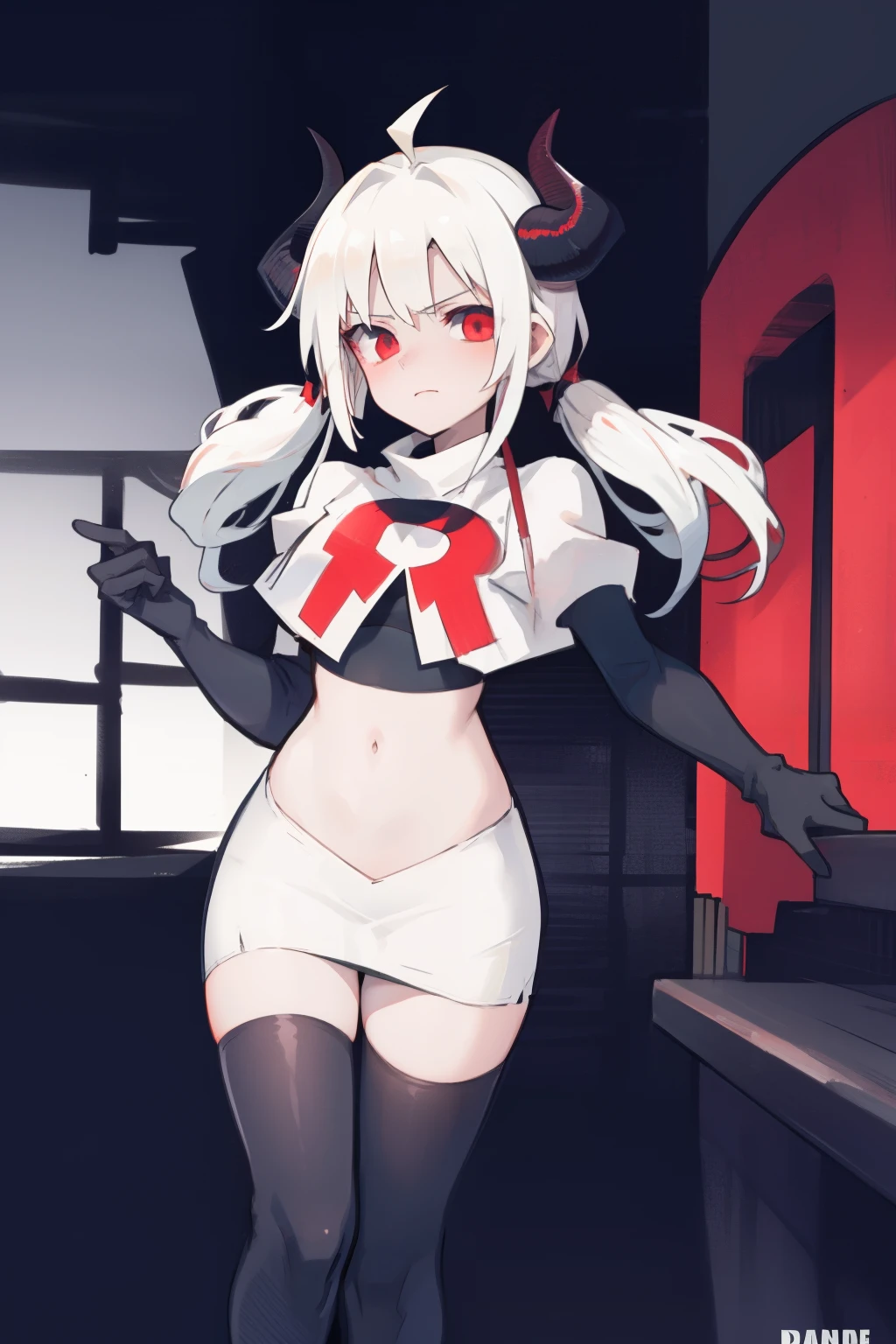 masterpiece, best quality, red eyes, white hair, twintails,ahoge,black hair ribbons,demon horns, demon tail,team rocket,team rocket uniform,white skirt,red letter R,crop top,black thigh-highs,black elbow gloves, comic strip