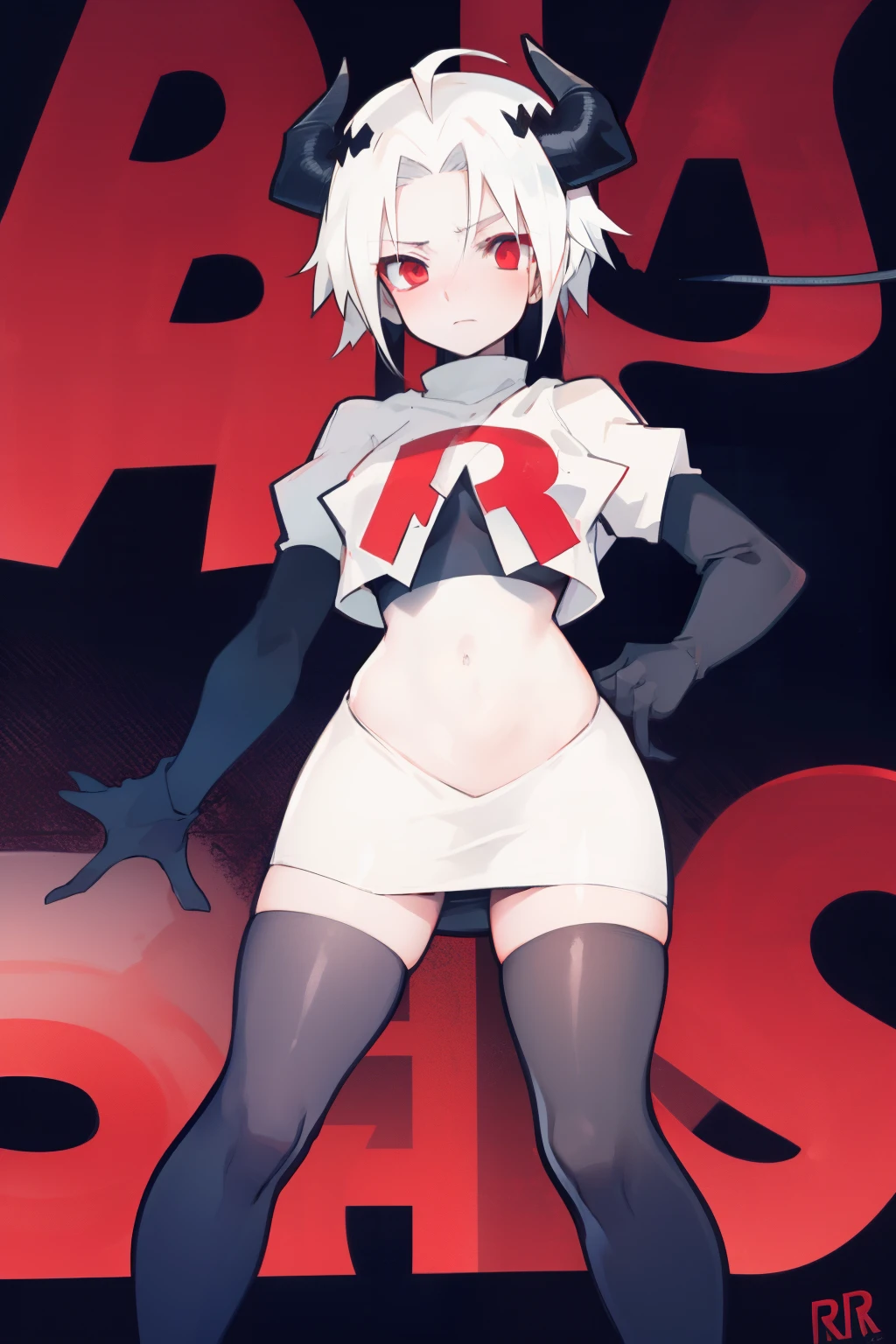 masterpiece, best quality, red eyes, white hair, twintails,ahoge,black hair ribbons,demon horns, demon tail,team rocket,team rocket uniform,white skirt,red letter R,crop top,black thigh-highs,black elbow gloves, comic strip