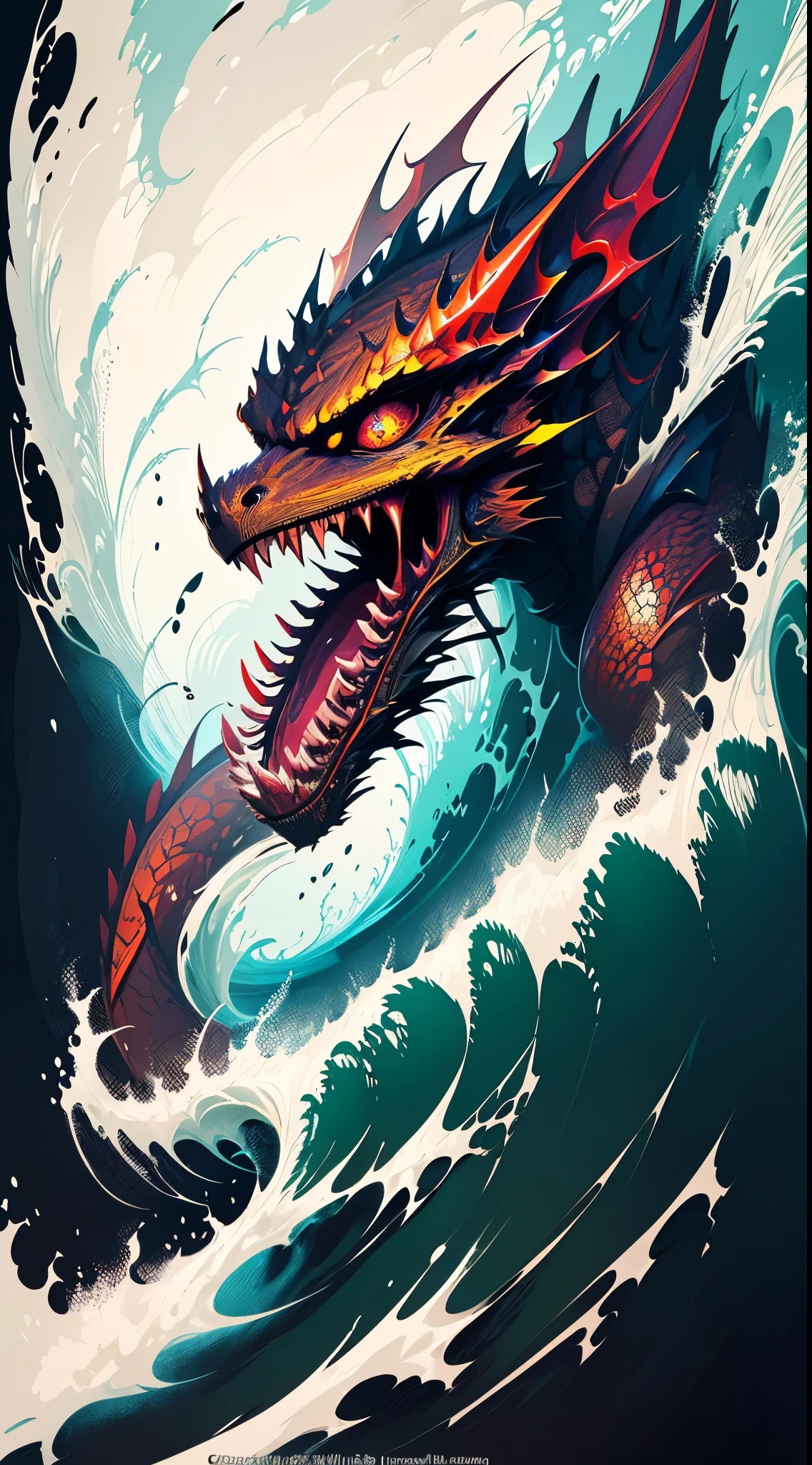 a red dragon is riding a wave in the ocean, majestic japanese dragon, chinese dragon concept art, dragon art, highly detailed vector art, red dragon, chinese dragon, digital painting highly detailed, striking detailed artstyle, colossal dragon as background, oil painting of dragon, smooth chinese dragon, detailed digital artwork, official artwork, detailed digital art, detailed art