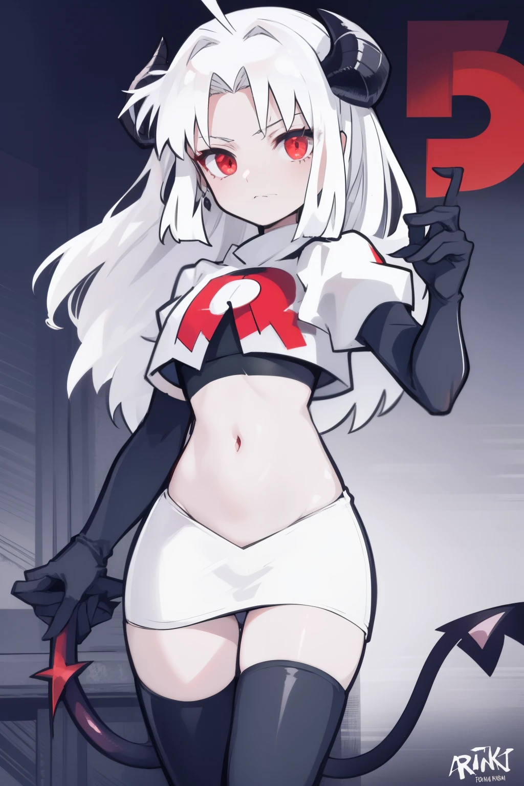 masterpiece, best quality, red eyes, white hair, twintails,ahoge,black hair ribbons,demon horns, demon tail,team rocket,team rocket uniform,white skirt,red letter R,crop top,black thigh-highs,black elbow gloves, comic strip, holding sword,