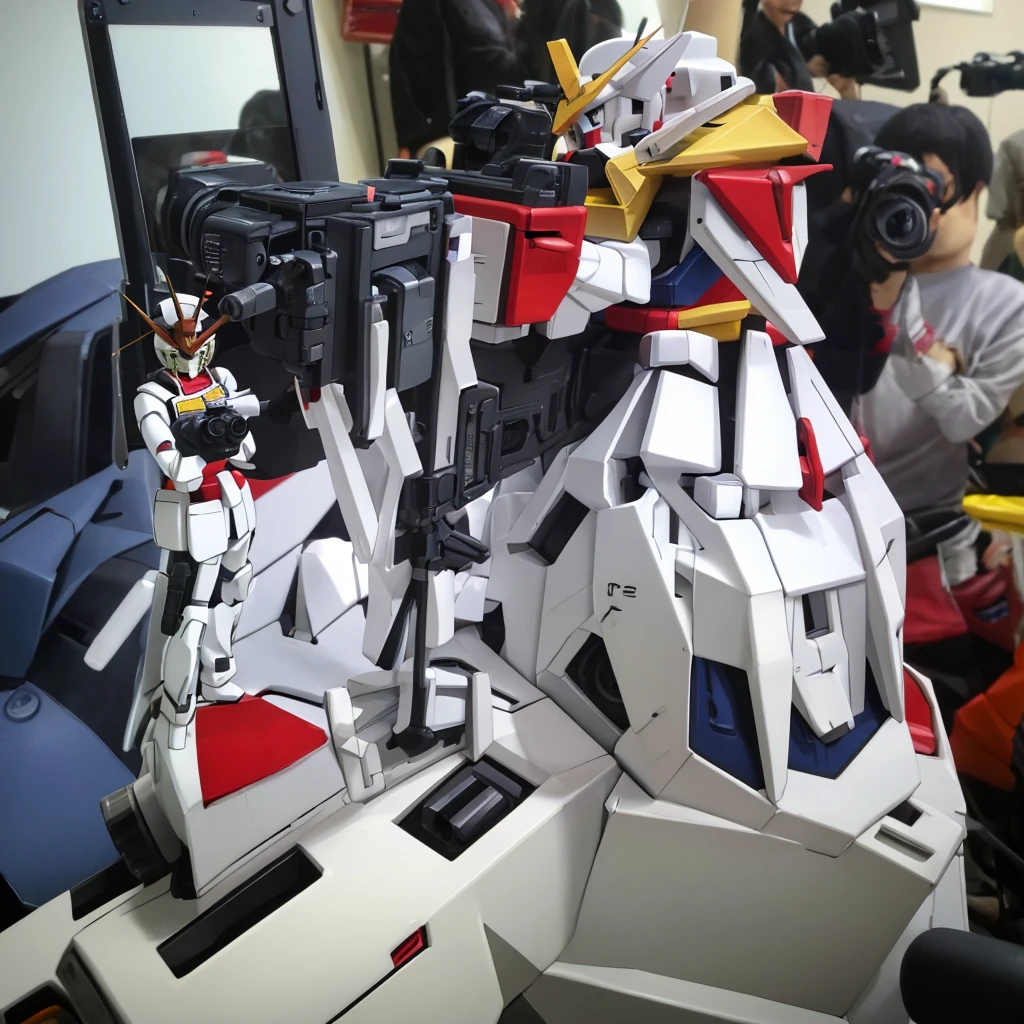 A photographer is Taking photo of gundam toys full body