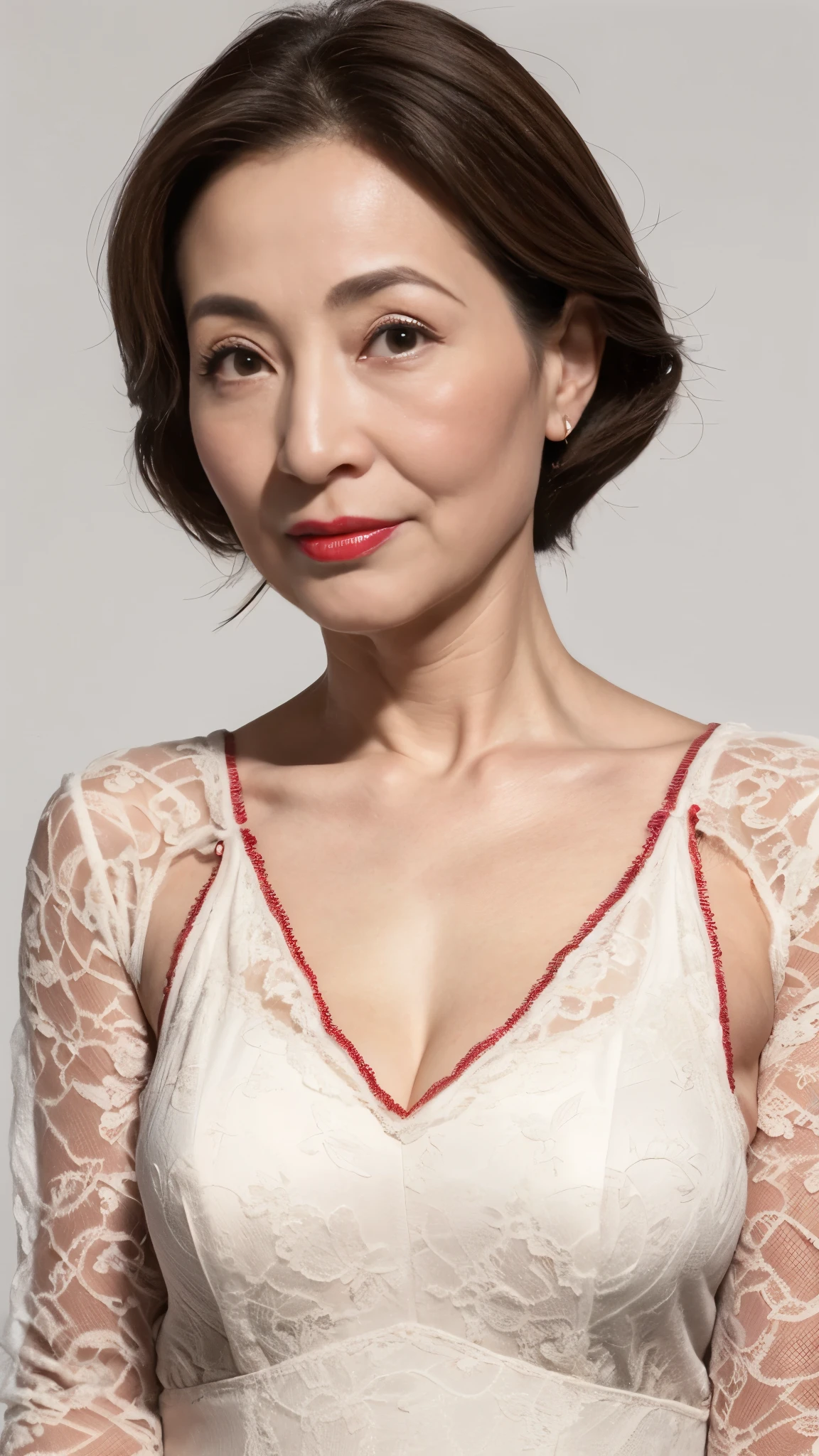 Remove the background, gravure, describe the lips correctly, red lipstick, from the chest up, elderly AV actress, old face, highest quality, super detailed, realistic, super dense skin, perfect anatomy, (1 Japanese mature woman), (Erotic), 100 years old, big breasts, Bewitching, Glamour, Sexy, pure white skin, looking at the viewer,