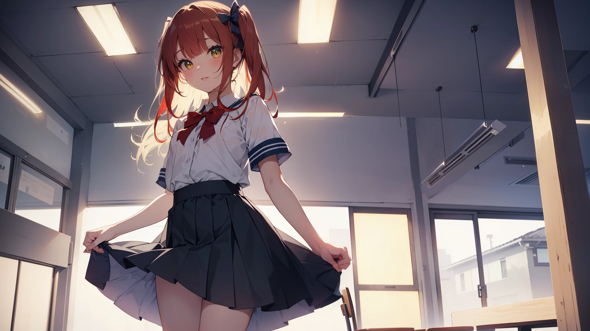 ((top quality, ultra-detailed, high resolution, extremely detailed CG, unity 8k wallpaper, by famous artist, perfect anatomy, super detailed skin, cinematic lighting, UHD, retina, anatomically correct, 1080P)), (Please draw a single one happy girl walking in a classroom school :1.3), ((1girl)), (Solo, face,13-year-old:2.0), a junior high school student, androgynous charm, (Medium hair, full red hair (redhead), pigtails, straight bangs, with a little bow in her hair) Full limbs, complete fingers, ((perfect fingers)), flat chest, childish body, small butt, groin, Beautiful detailed full yellow gold eyes, perfect eyes, sailor school uniform white and blue ((The blouse is white, skirt is blue, red bow on the blouse, blue sailor collar, short sleeves:)) (Detailed Lighting), (Detailed background), (in the school zone), full body view, standing, legs, uwabaki shoes. Cute, kawaii single girl (one girl), full body shot. Background is the school, front body, I want to see her walking and see her in a full body view, black knee high stockings, left hand up, right hand down