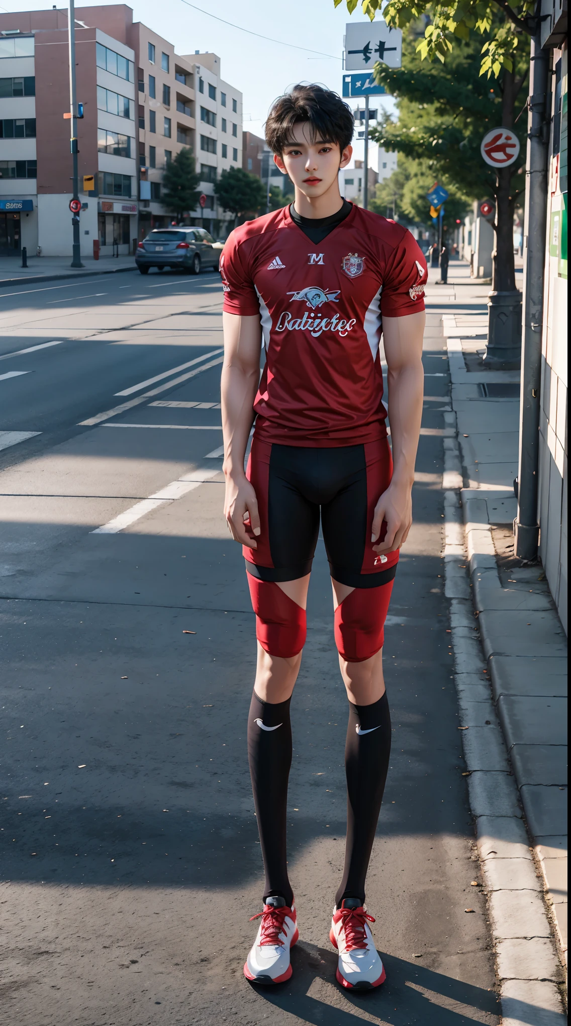 Two dimensions,on university campus,Tall, handsome 18-year-old boy wearing football uniform,Childish and cute face,super tall guy,Tall and extremely developed,big body body,bodybuilding,sports student,(Long, straight legs),2m height,(Boys' one-piece tight cycling jersey),gradient color,black hair,(The face is delicate and delicate),perfect facial features,blush,happy,higher,bigger,8k realistic style,A person stands upright under the tree,on the street,masterpiece,best quality,Ray tracing,(original photo, 4K, masterpiece, high resolution, extremely complex), (actual: 1.4)